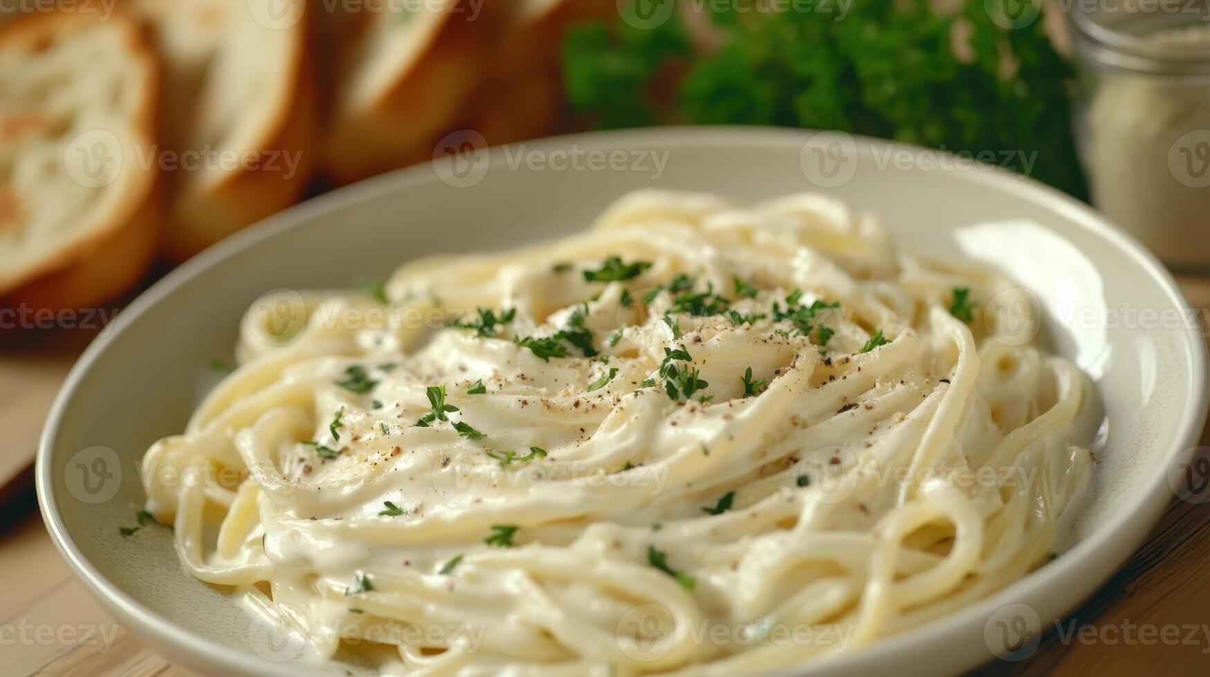 Creamy fettuccine alfredo served with garlic bread on a wooden table photo