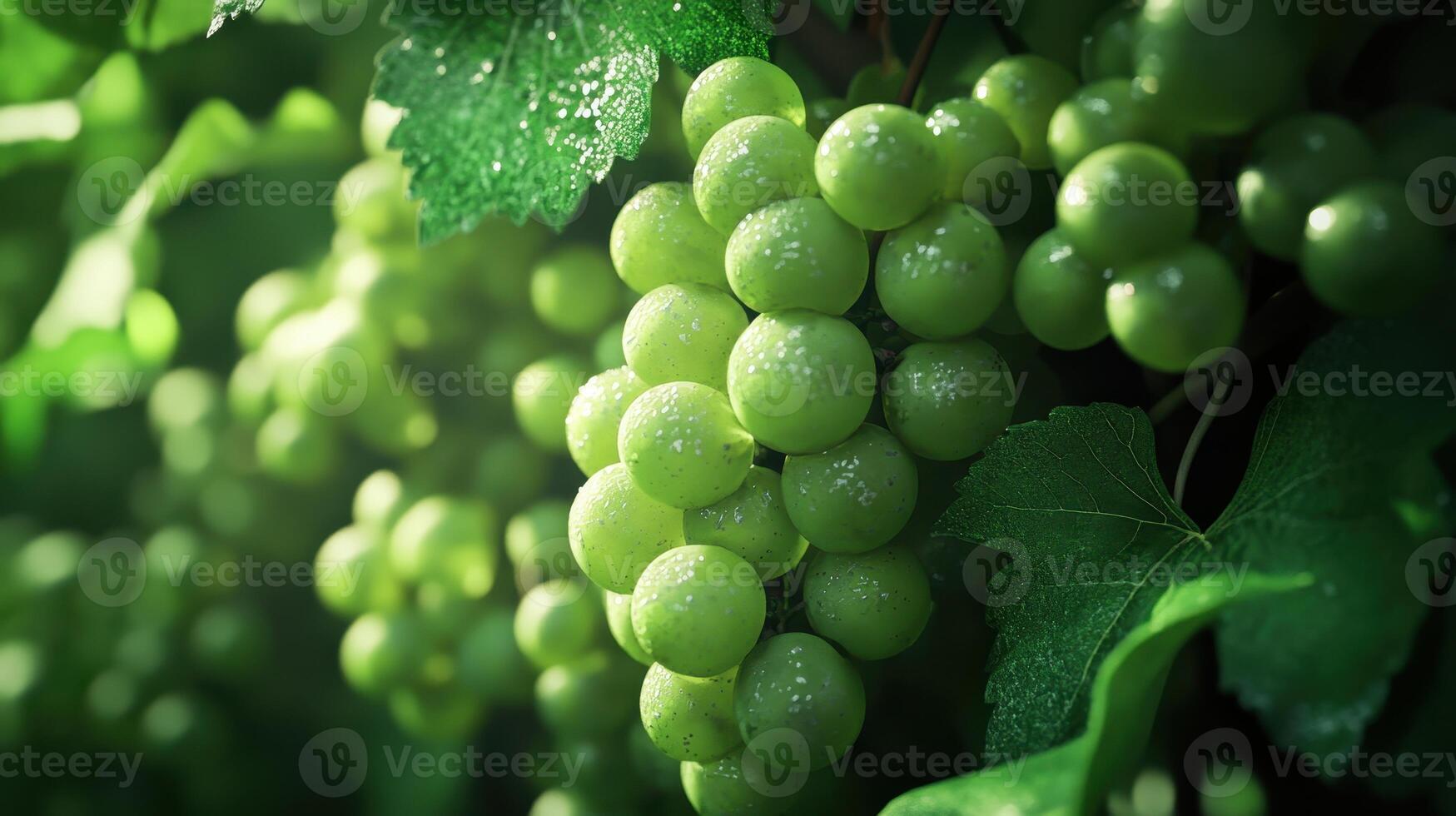 Lush green grape clusters hang from a vine after a light rain in a vineyard during late summer photo