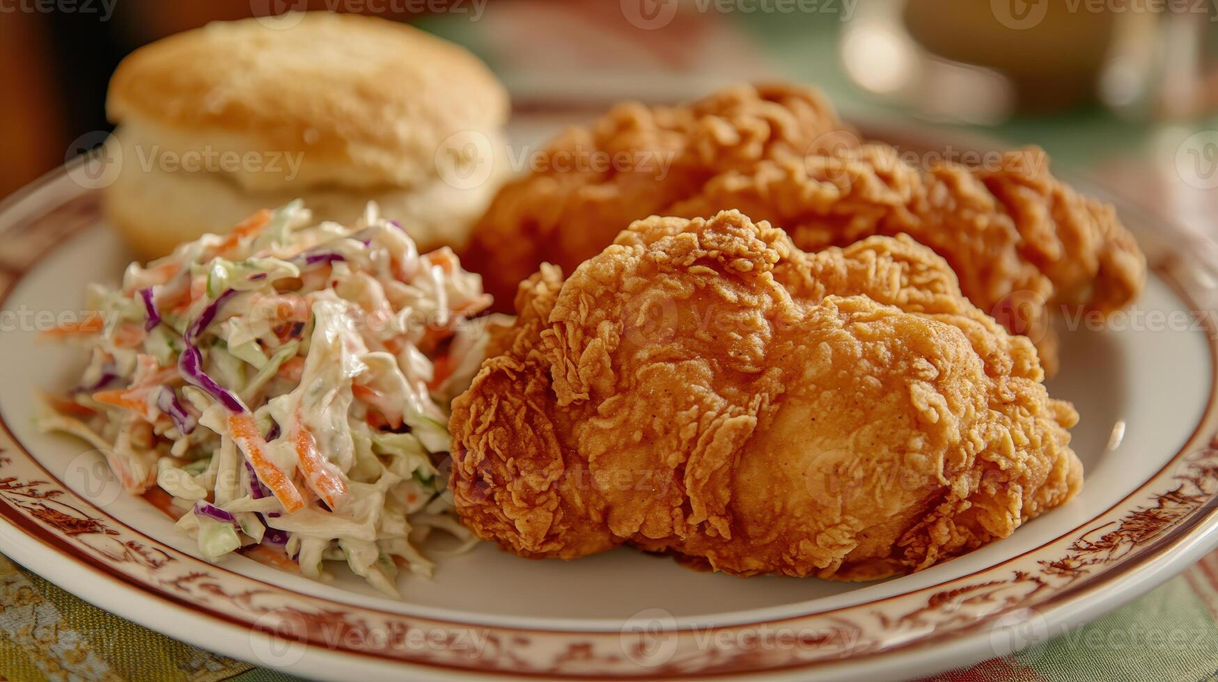 Delicious southern fried chicken served with creamy coleslaw and a fluffy biscuit at a cozy family gathering in the countryside during the afternoon photo