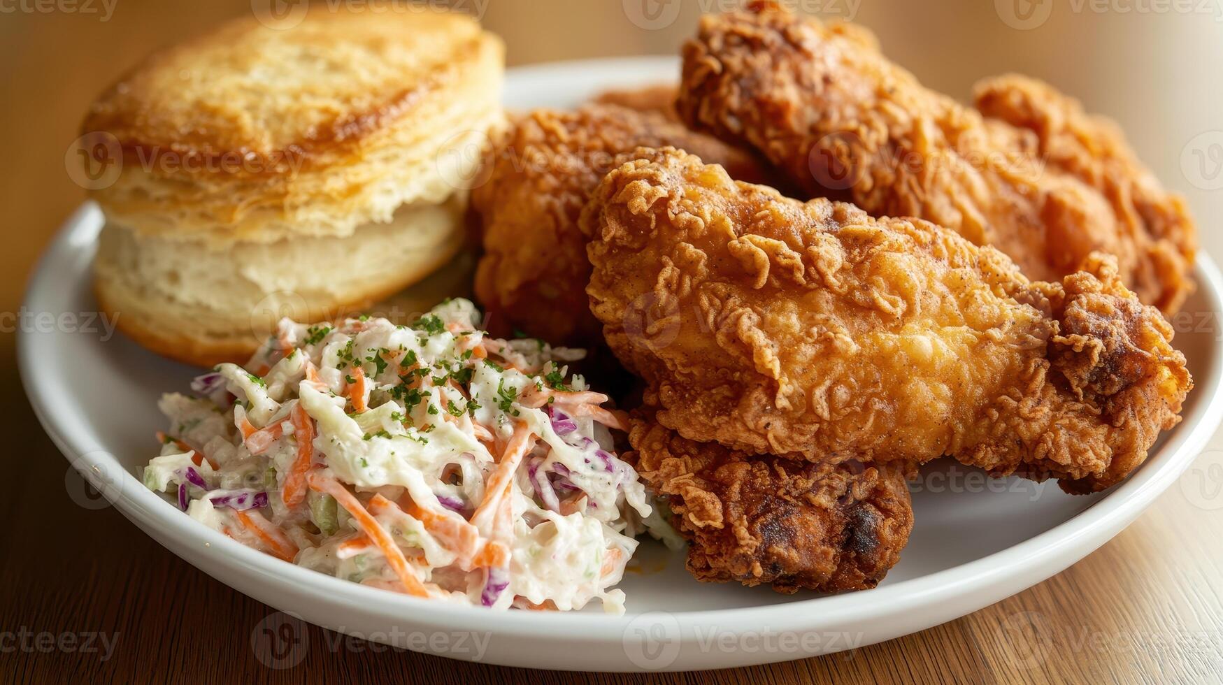 Fried chicken meal served with coleslaw and a biscuit on a plate photo