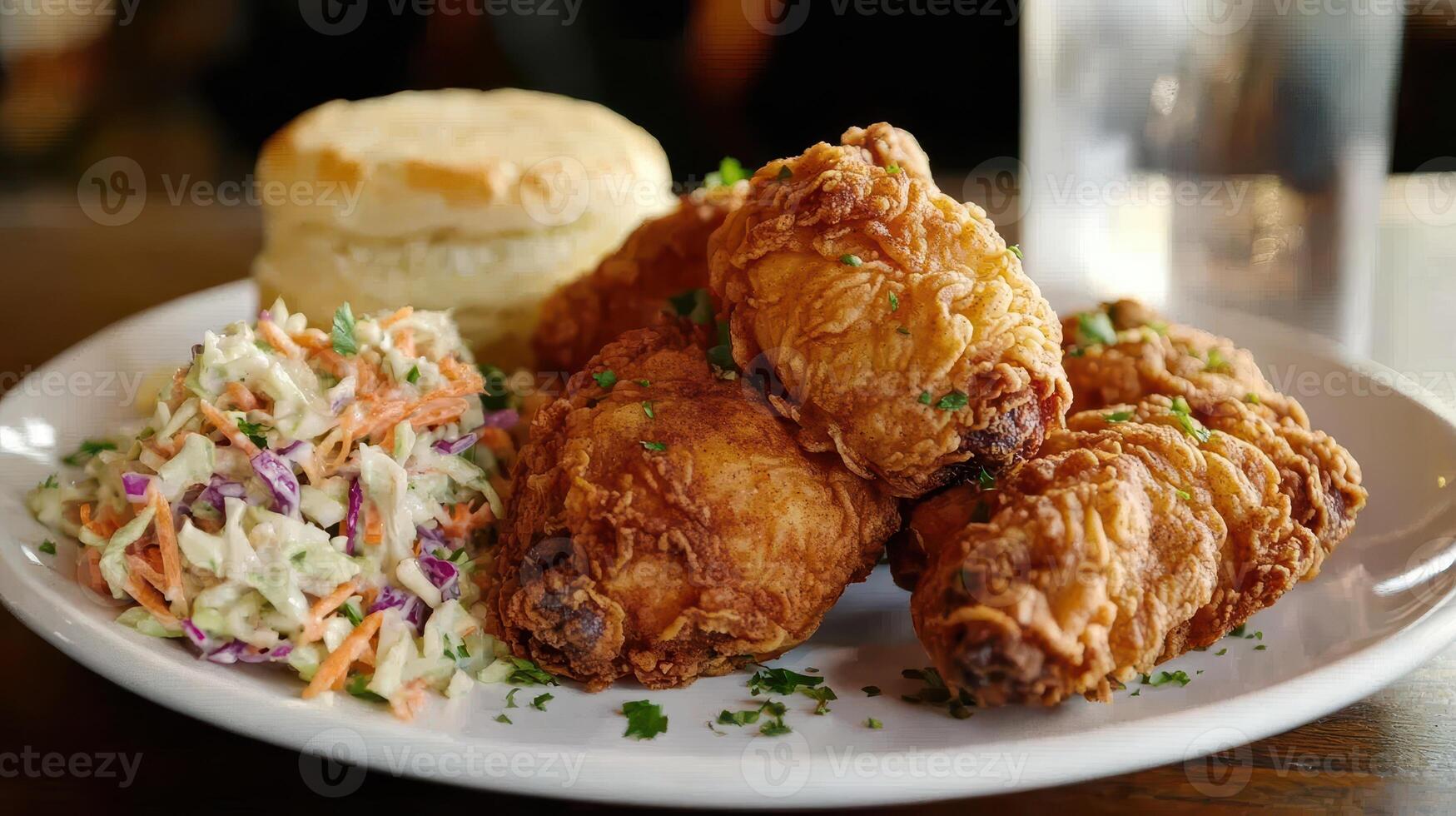 Southern fried chicken with coleslaw and biscuit served on a plate photo