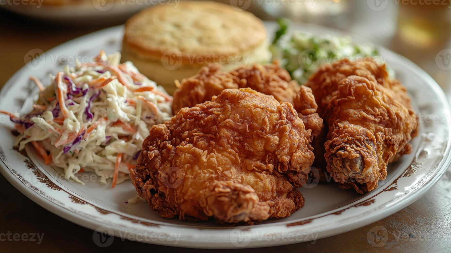 Crispy fried chicken with coleslaw and biscuit served on a plate at a southern restaurant photo