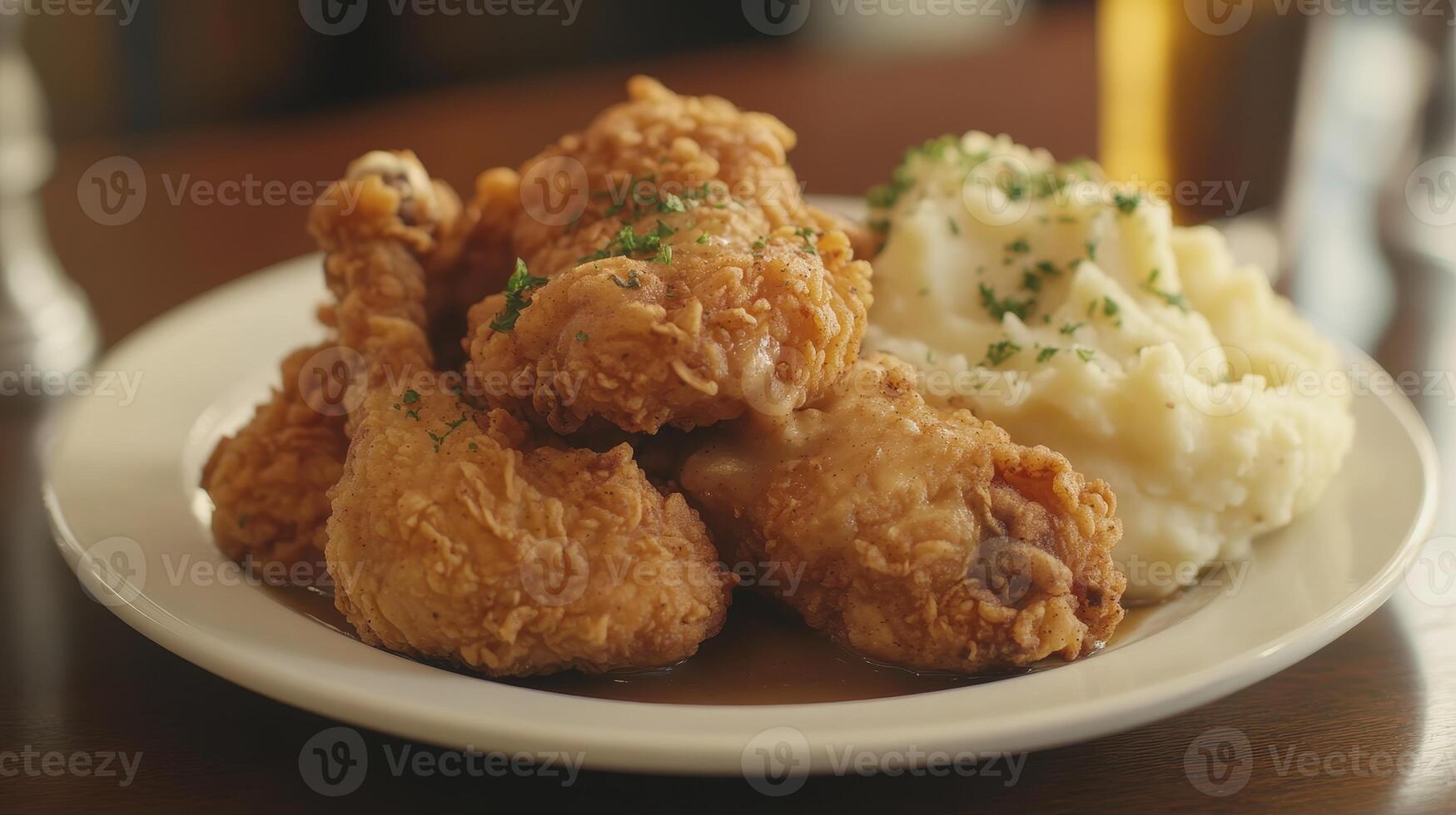 Fried chicken served with creamy mashed potatoes on a white plate in a cozy restaurant setting photo