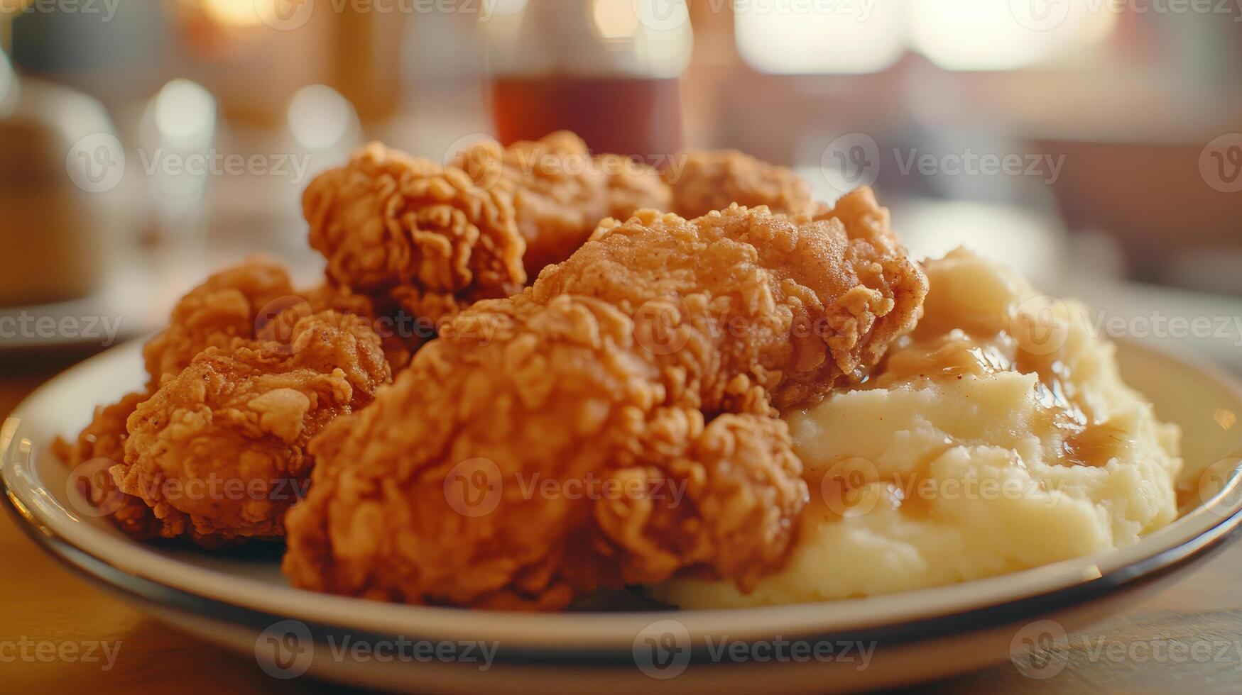 Delicious southern fried chicken served with creamy mashed potatoes and gravy in a cozy diner setting photo
