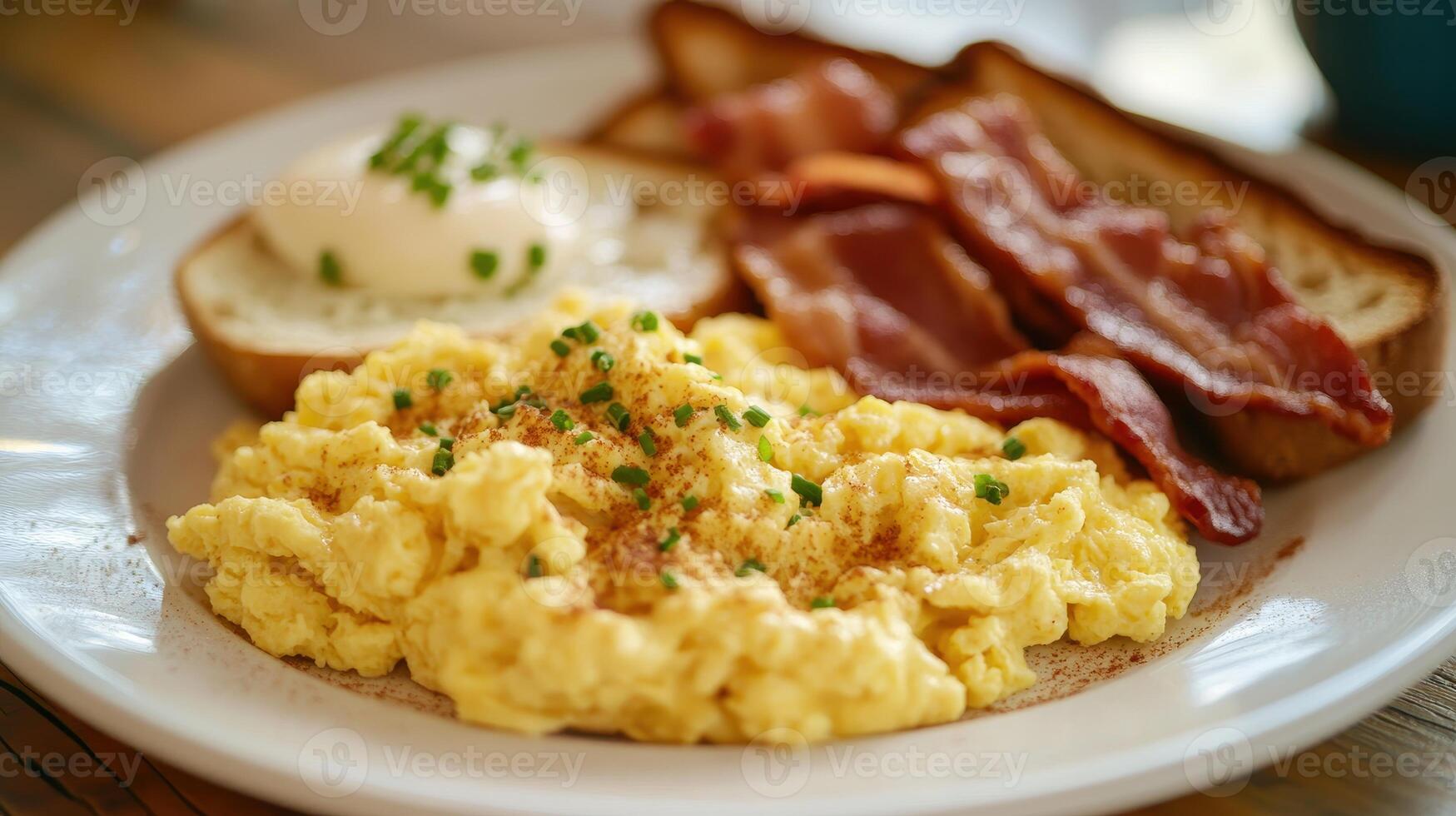 Scrambled eggs with poached egg, bacon, and toast served on a white plate at a cozy breakfast setting photo