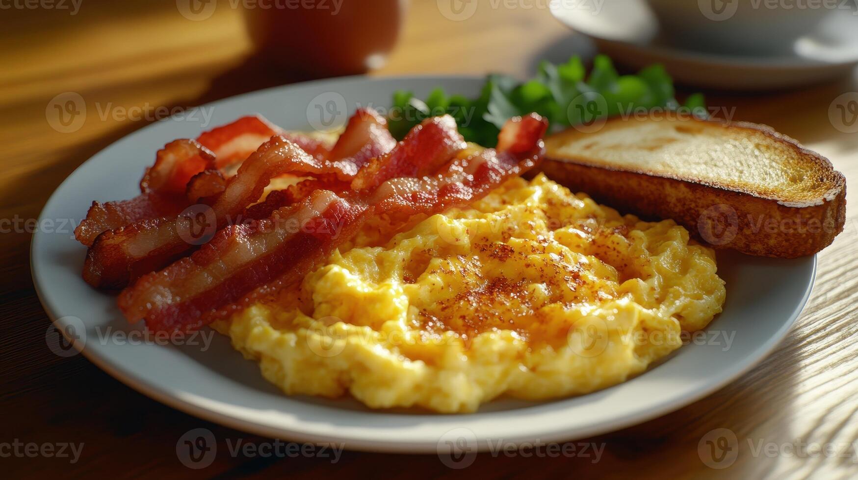 Savory breakfast with scrambled eggs, crispy bacon, and toast on a rustic wooden table photo