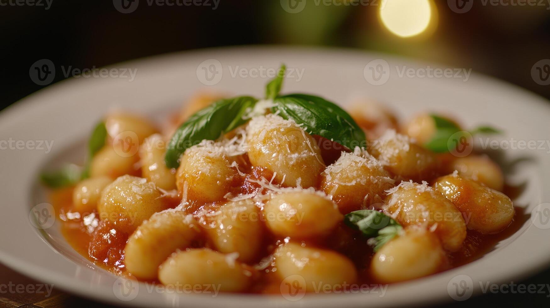 Delicious homemade gnocchi served with fresh tomato sauce and basil in an elegant dining setting during the evening photo