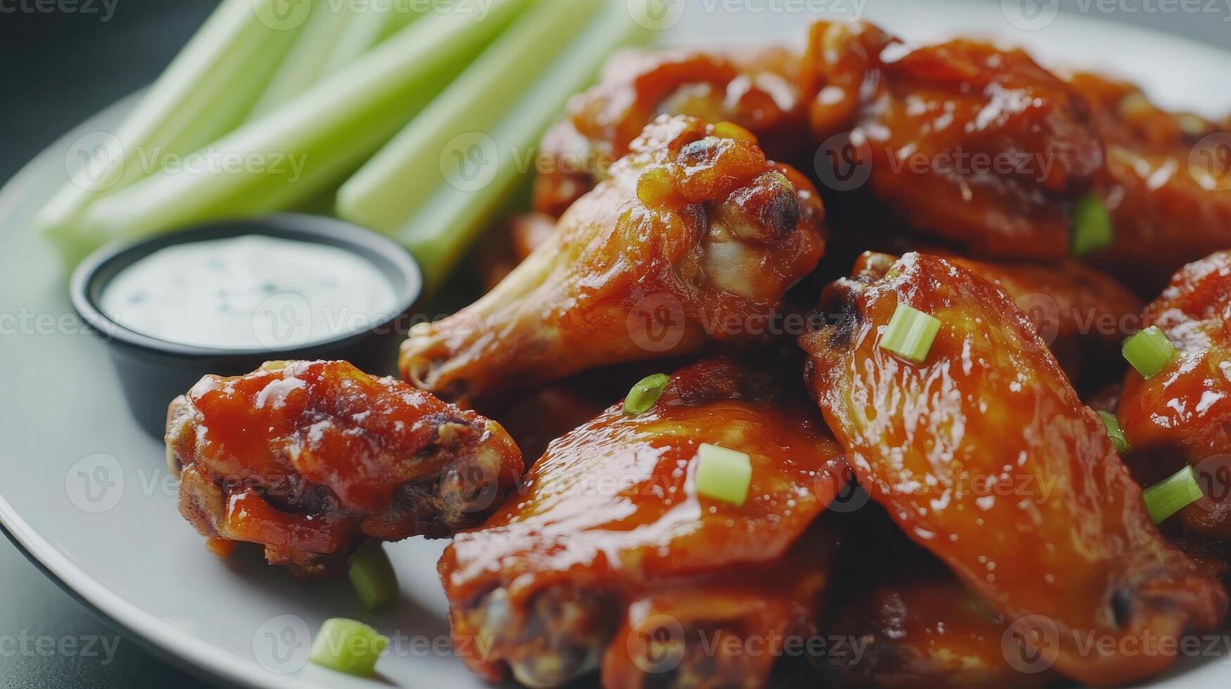Spicy chicken wings garnished with green onions and served with celery sticks and dipping sauce on a plate photo