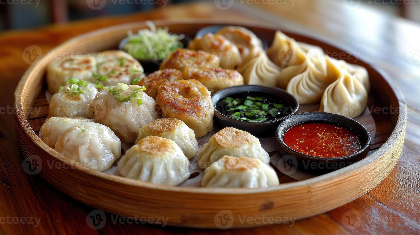 Assorted dumplings served in a bamboo steamer basket at a cozy restaurant photo