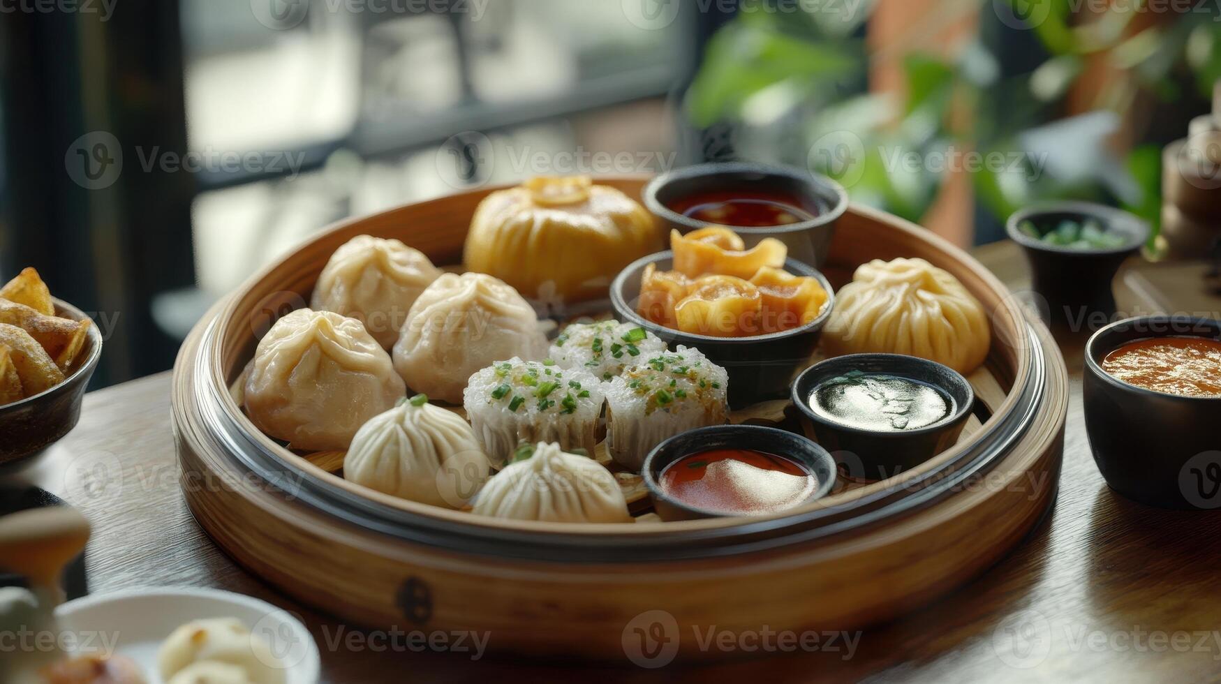 Steaming bamboo dumpling platter with assorted sauces and sides served in a cozy restaurant setting photo