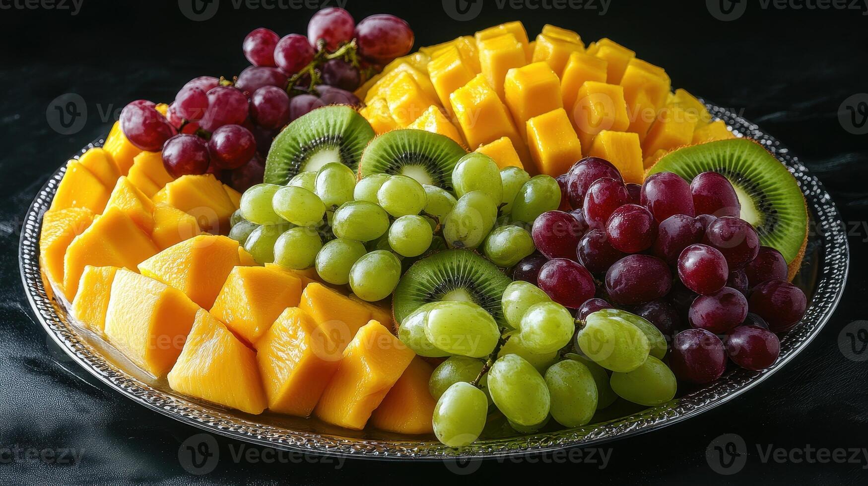Colorful fruit platter featuring mango, kiwi, and grapes arranged on a decorative silver tray photo