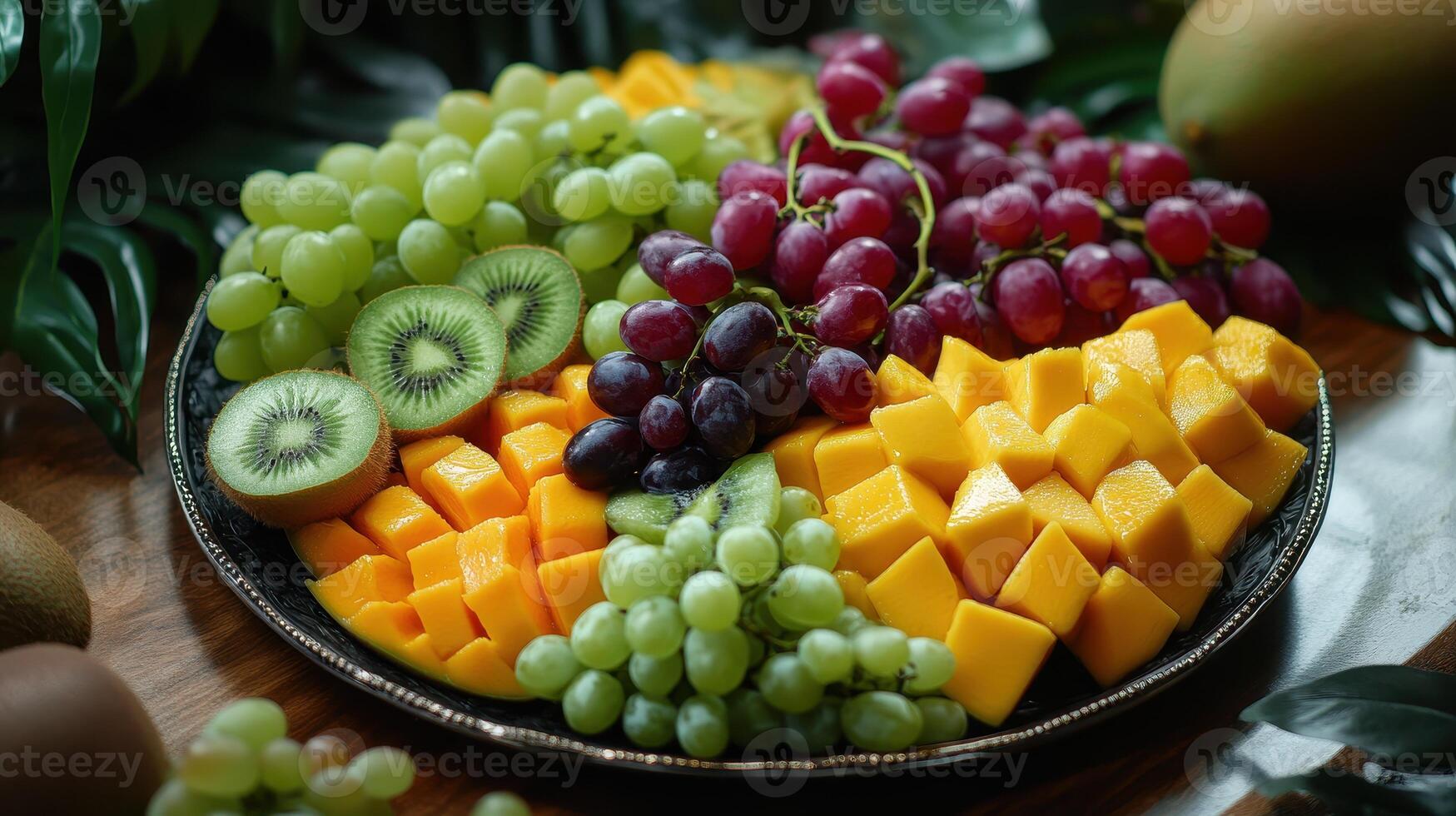 Freshly cut fruit platter featuring green grapes, red grapes, kiwi, and mango arranged artistically on a decorative plate photo