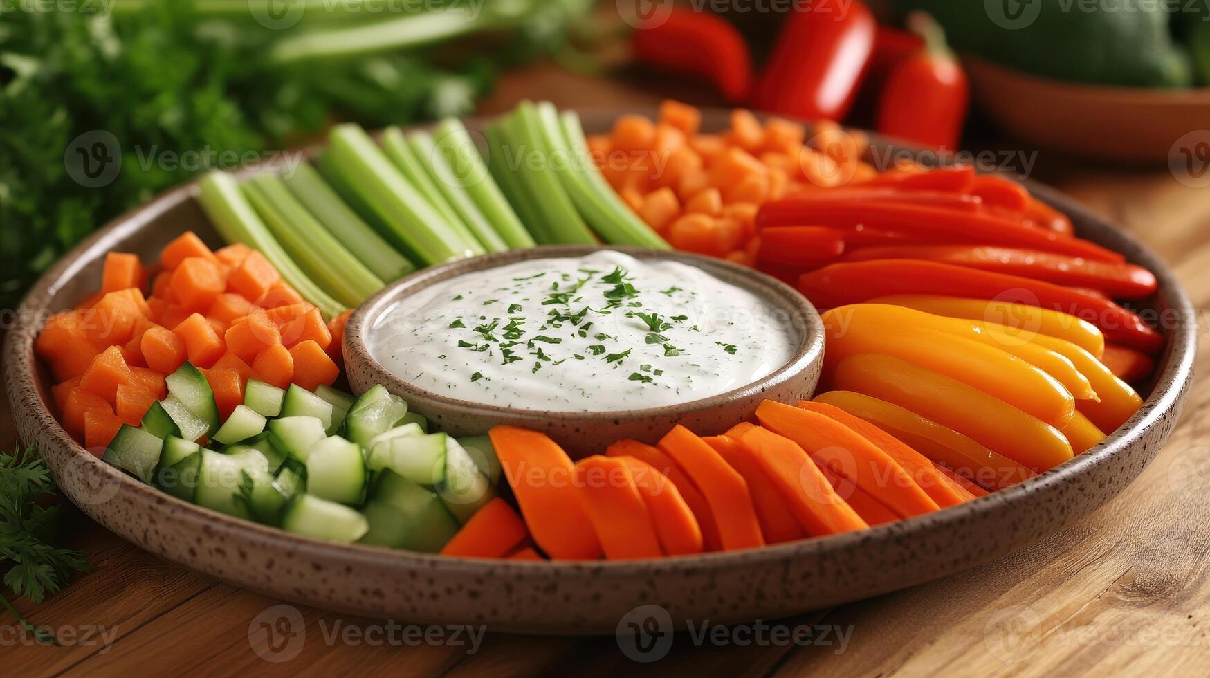 Fresh vegetable platter with dips on a rustic wooden table for a healthy snack at a gathering photo