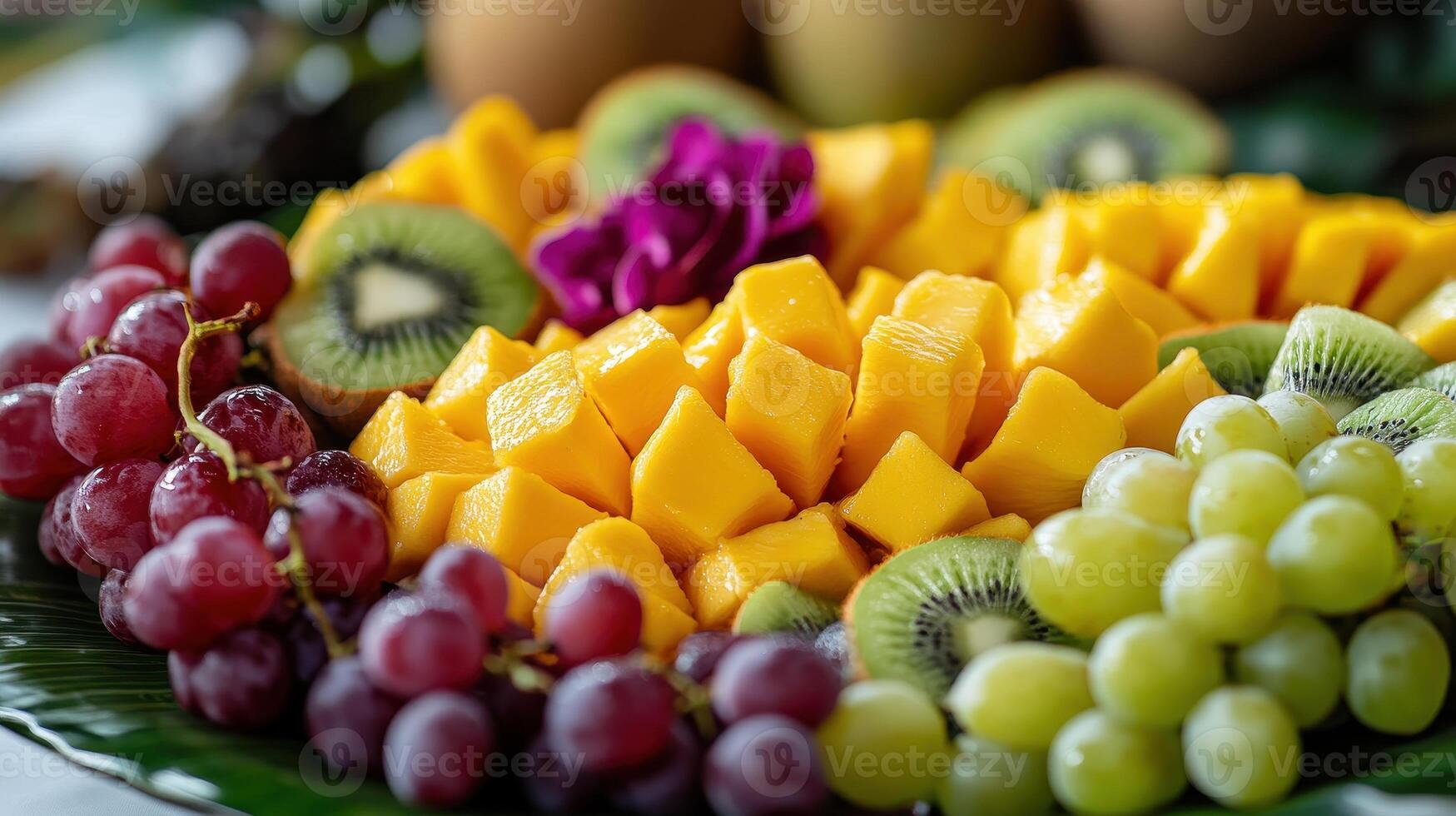 Freshly cut tropical fruits arranged beautifully on a platter with vibrant grapes and a purple flower centerpiece photo