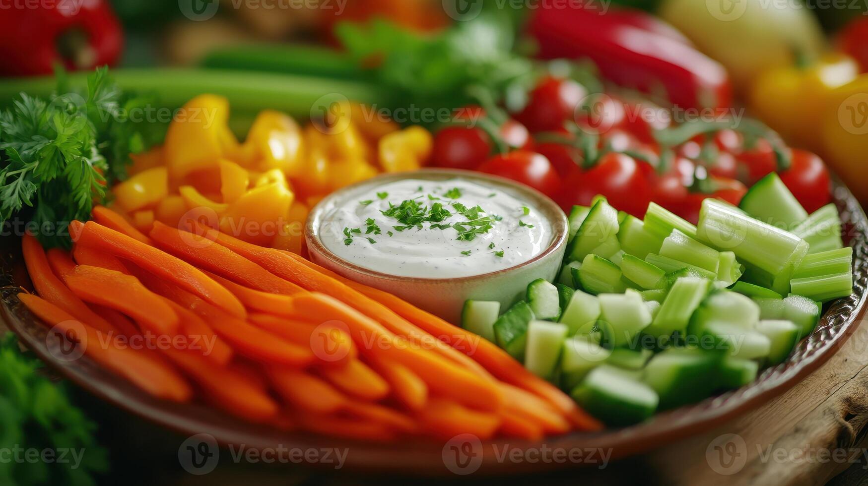 Colorful vegetable platter with dip on a wooden table in a natural setting photo