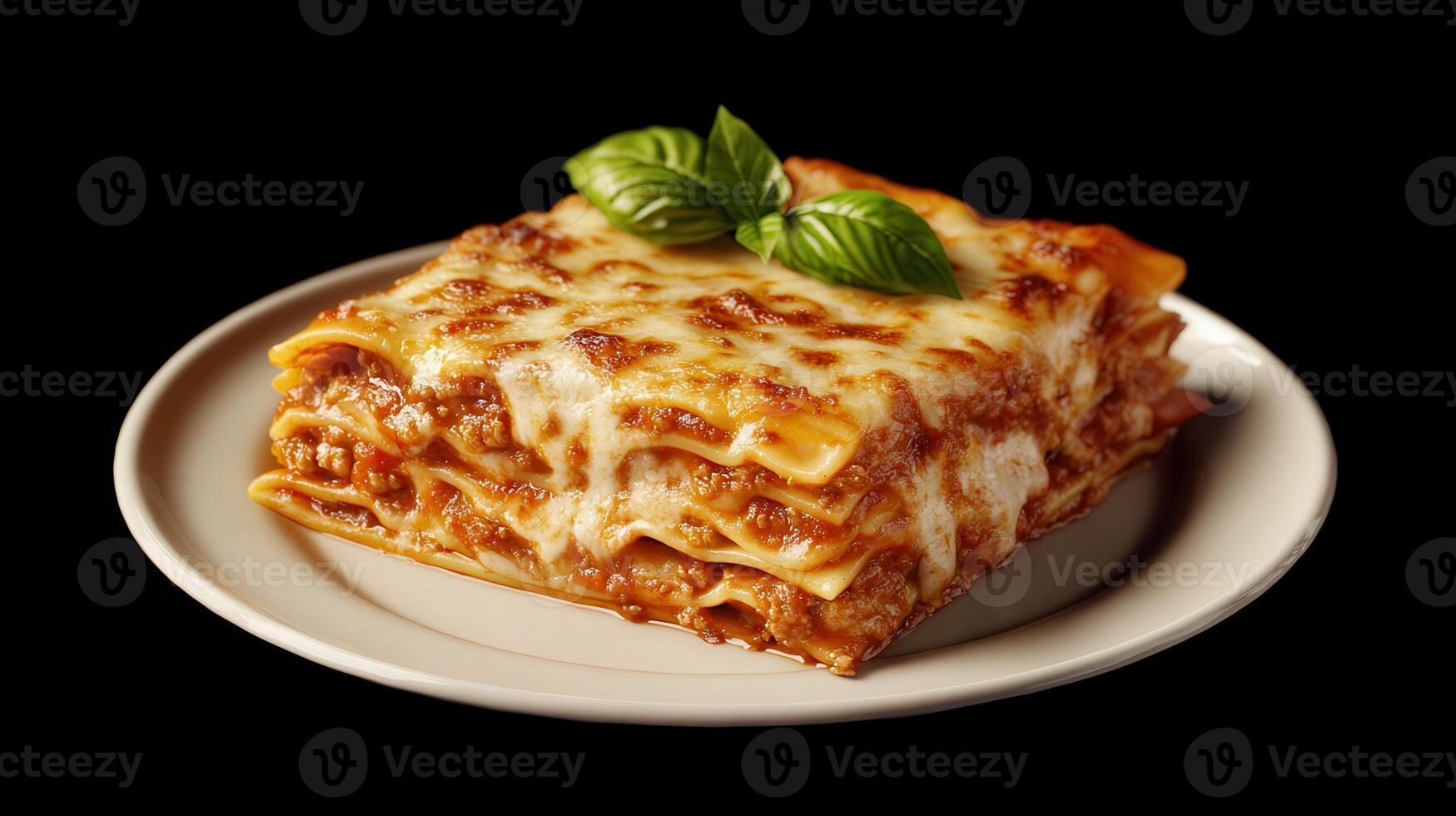 Delicious lasagna served on a plate with fresh basil garnish photo