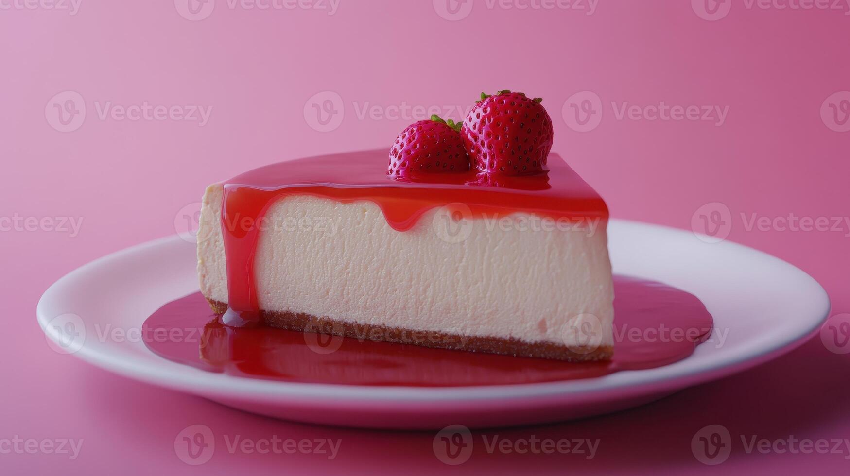 Creamy cheesecake topped with strawberries and red syrup against a pink background photo