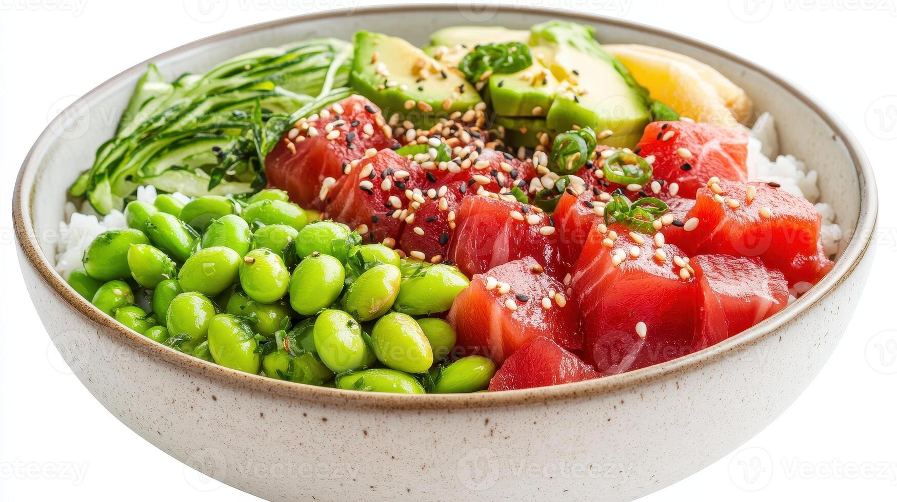 Fresh tuna poke bowl with avocado, edamame, and cucumber, served in a ceramic bowl, showcasing vibrant colors and textures photo