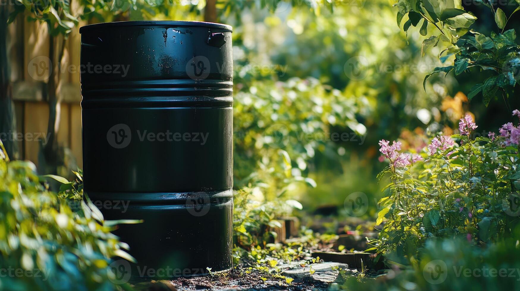 Black rain barrel situated in a lush garden surrounded by greenery and blooming flowers during daylight photo