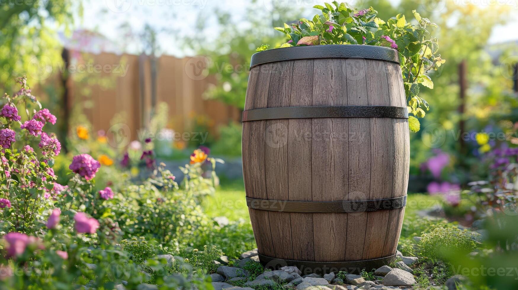 A wooden barrel planter filled with vibrant plants in a sunny garden during spring photo