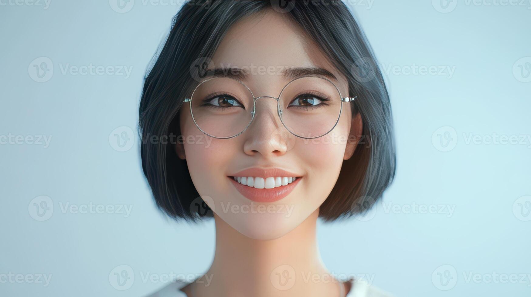Young woman with short hair and glasses smiling against a light background in a casual setting photo