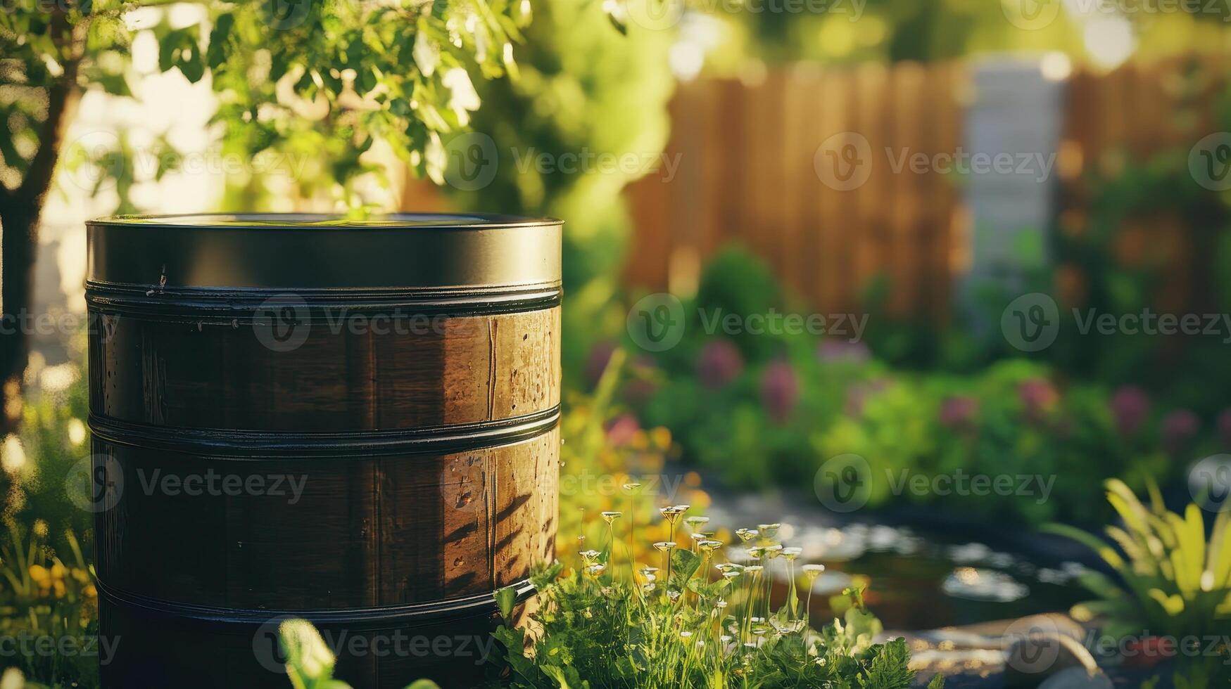 A rain barrel is nestled among vibrant plants in a sunny backyard garden, surrounded by blooming flowers and lush greenery on a warm afternoon photo