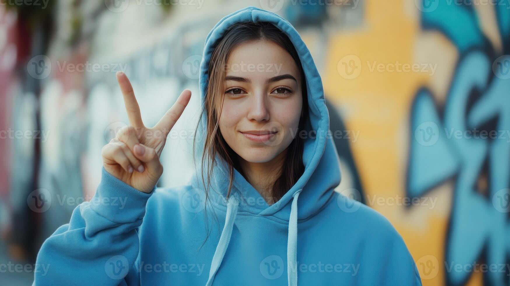 Young woman wearing a blue hoodie makes a peace sign in front of vibrant street art on a sunny day photo