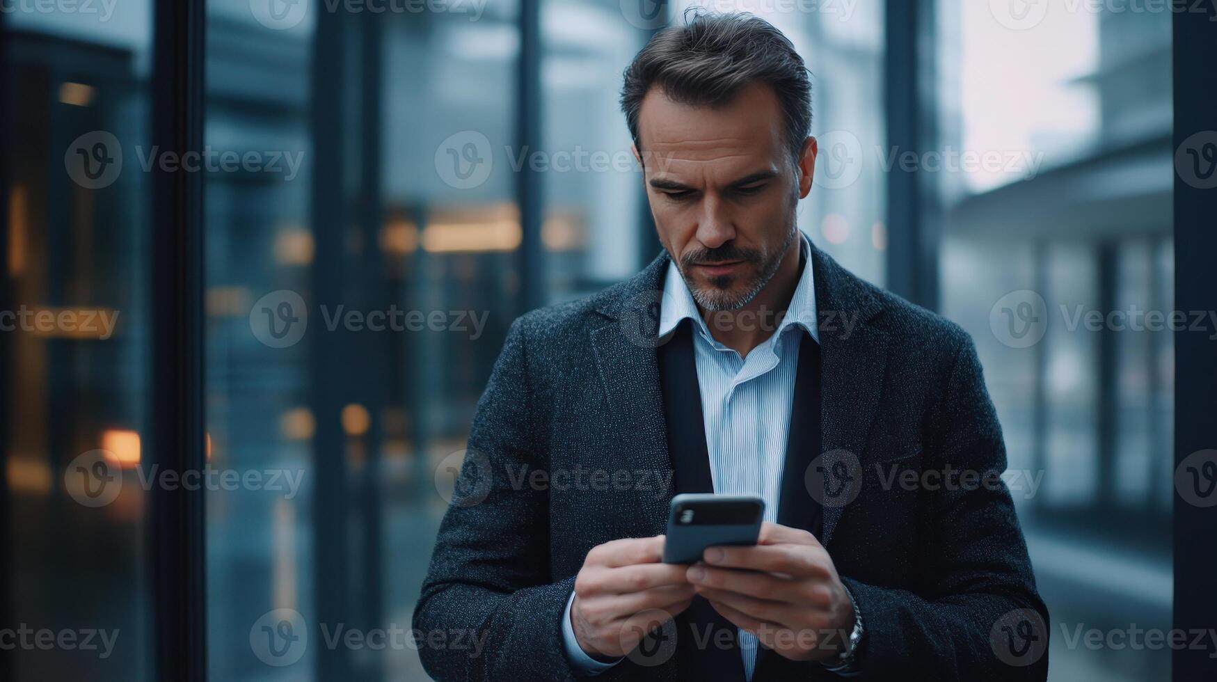 Business professional stands outside a modern building checking his smartphone on a cloudy afternoon photo