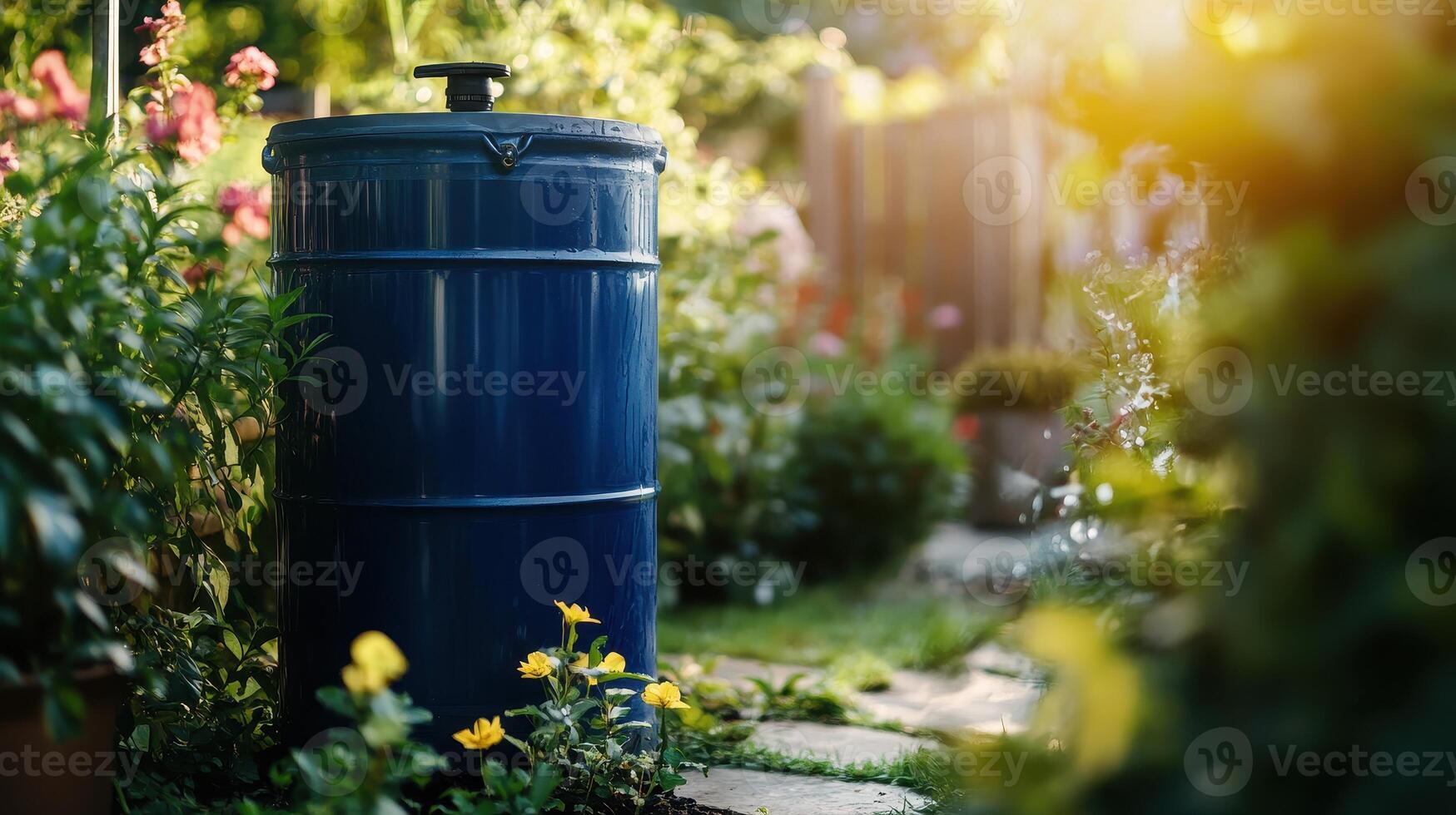 Blue garden water barrel surrounded by vibrant flowers and greenery in the morning sunlight photo