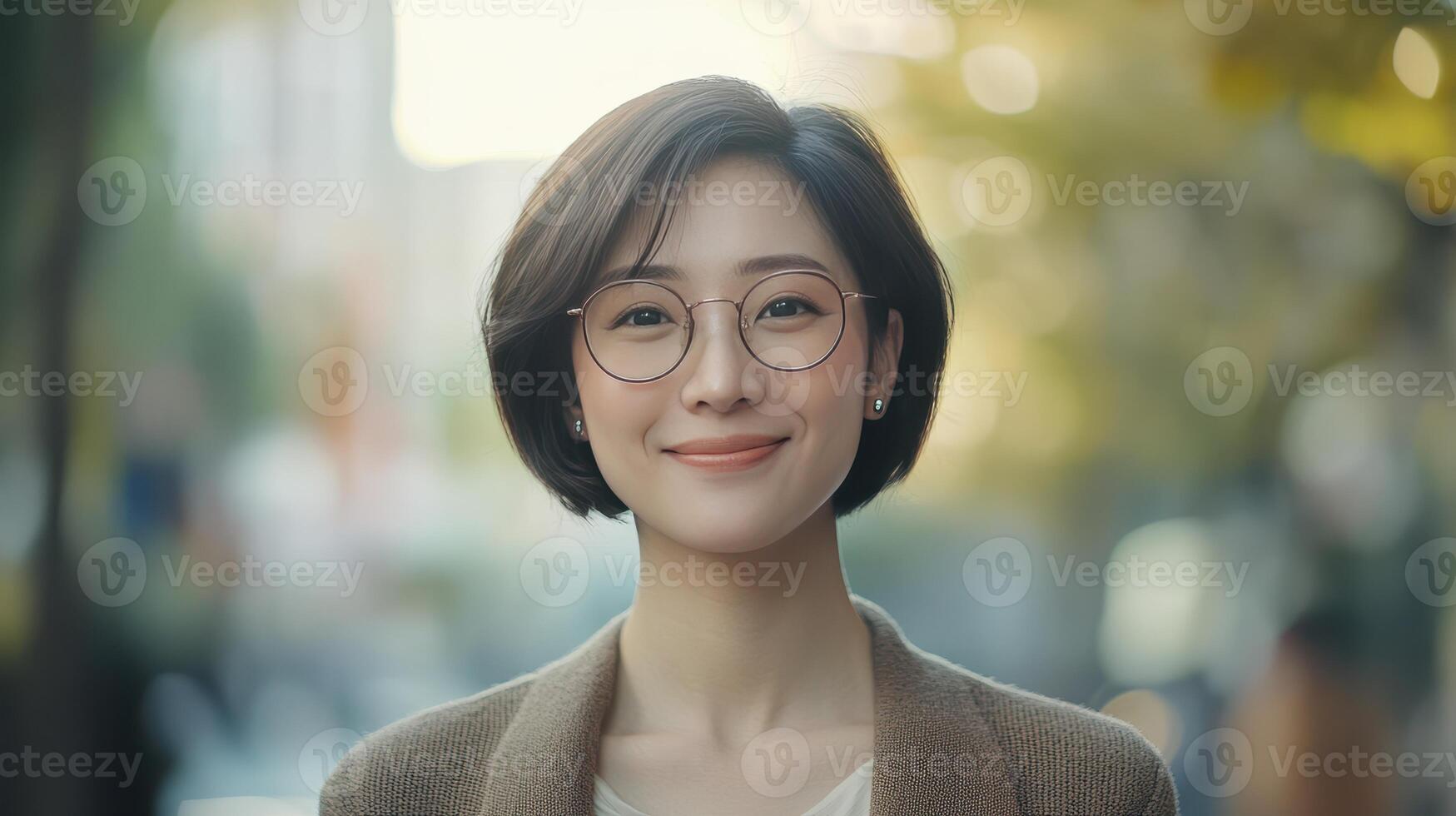 Young woman smiling outdoors in a city during autumn with soft sunlight filtering through trees photo