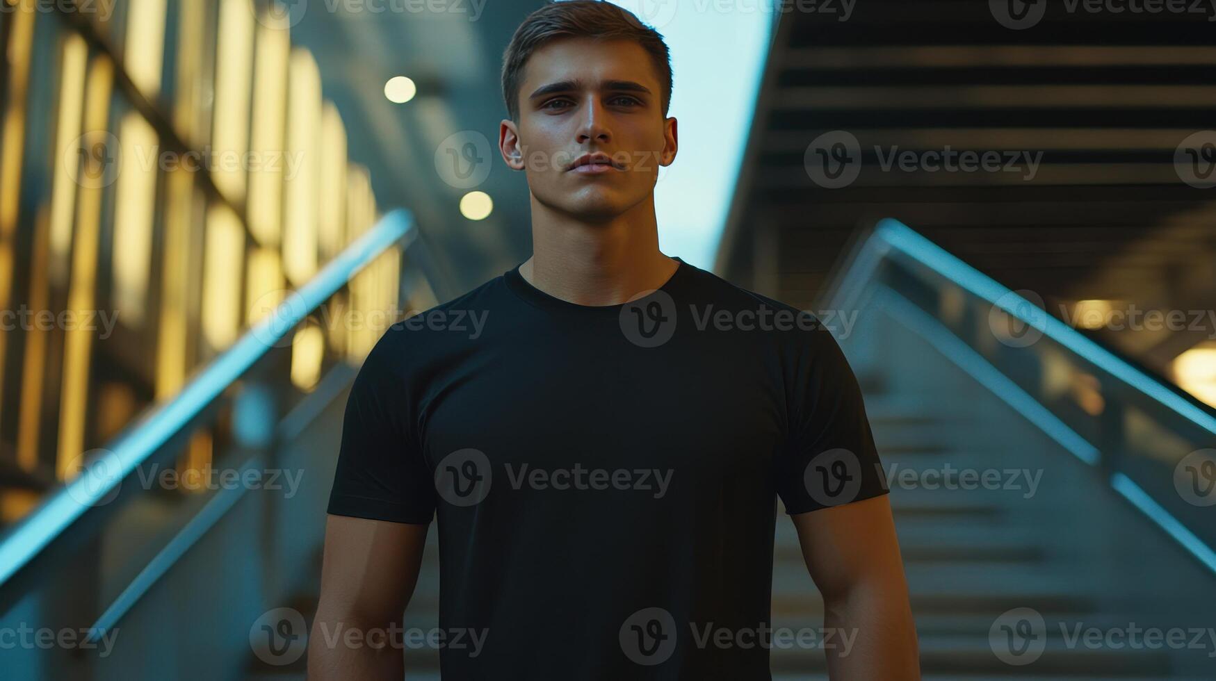 Young man standing confidently at a modern outdoor staircase in the evening with soft lighting highlighting his features photo