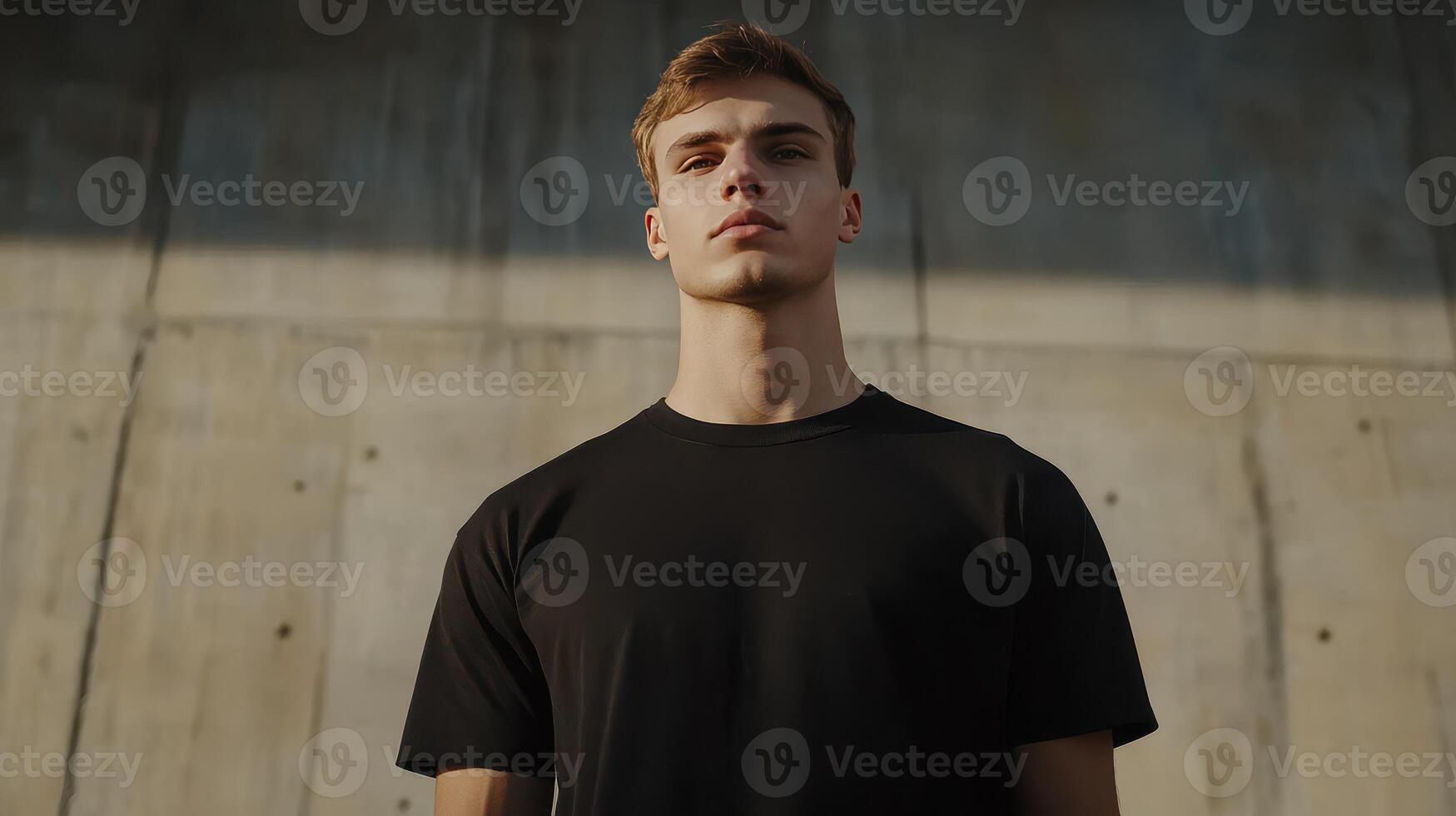 Young man in a black shirt stands confidently against a concrete wall during golden hour photo