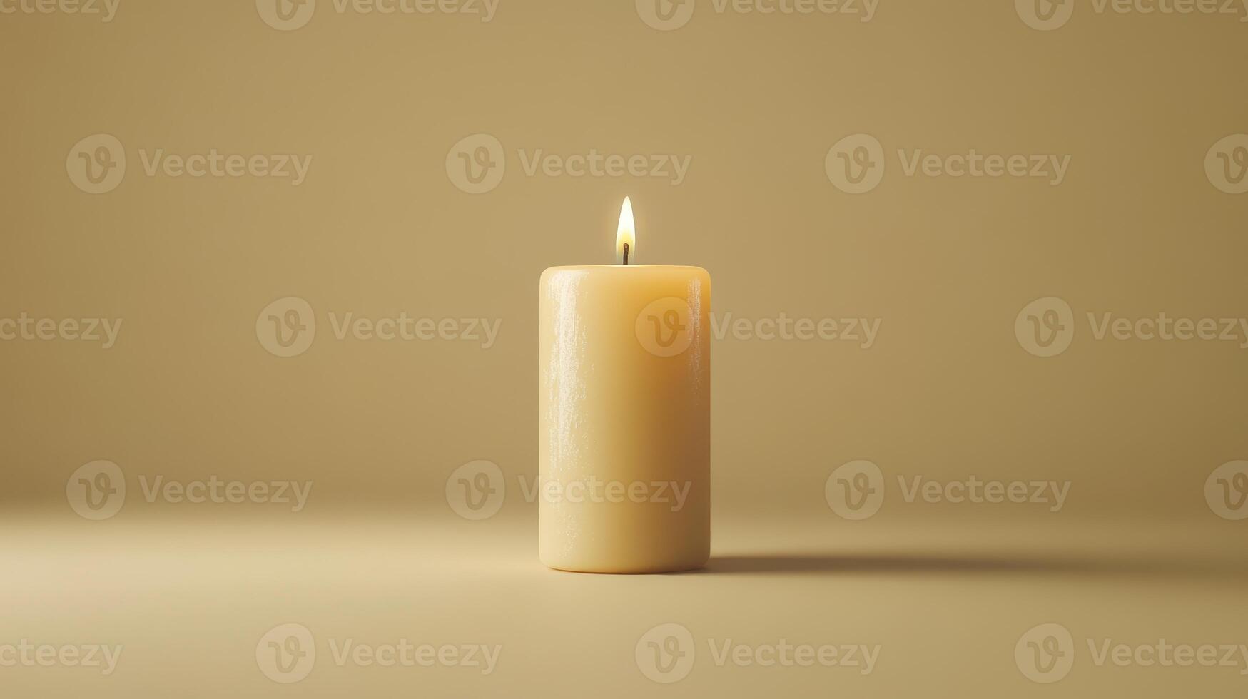 A lit cream-colored candle on a neutral background, creating a warm and soothing atmosphere in soft lighting photo