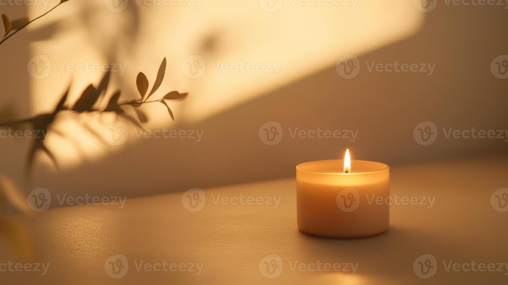 A lit candle on a wooden table surrounded by soft sunlight and gentle shadows in a serene indoor space photo