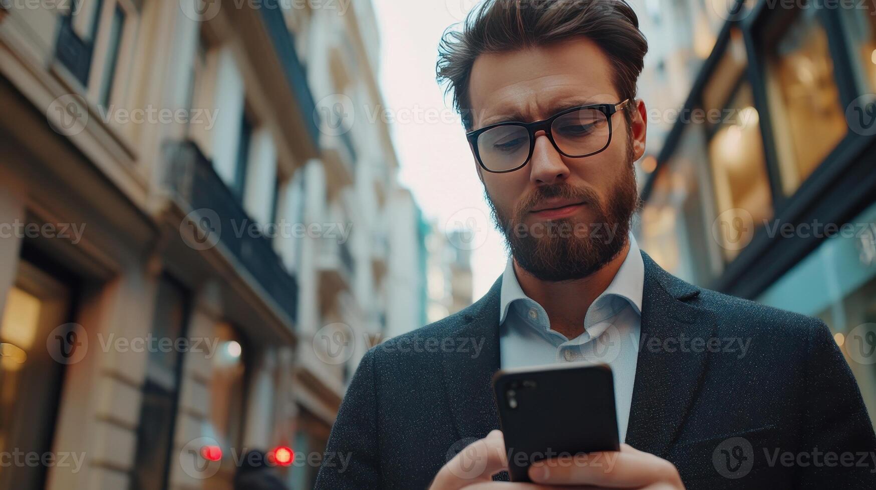 Young man in glasses checks phone while walking through a city street in the afternoon photo