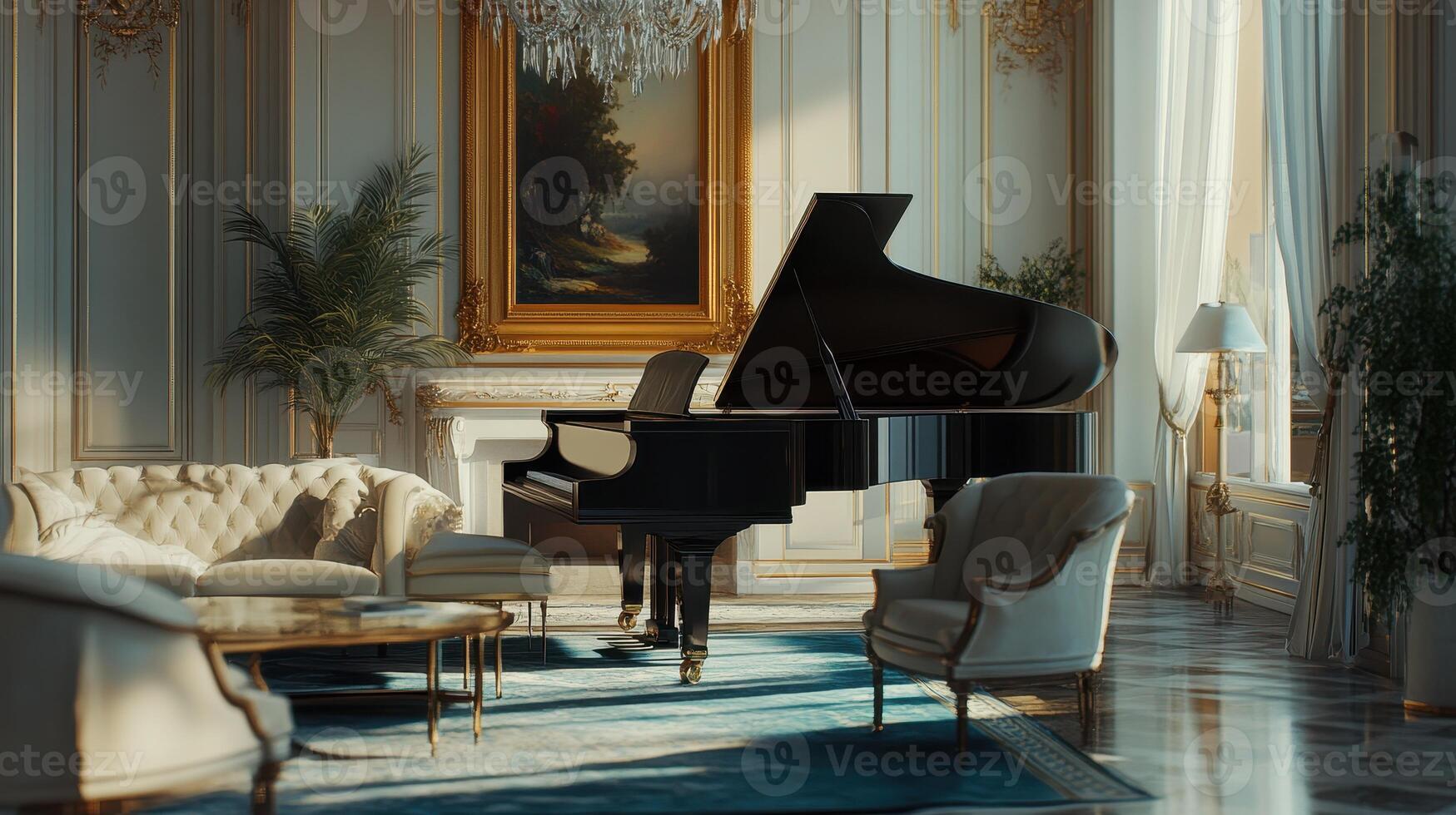 Elegant grand piano in a luxurious living room with vintage decor and large windows during the afternoon photo