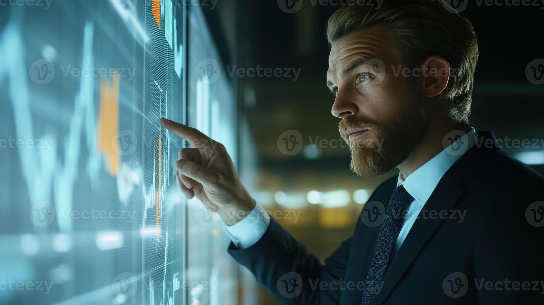 Business professional analyzing data trends on a digital screen in a modern office environment during evening hours photo