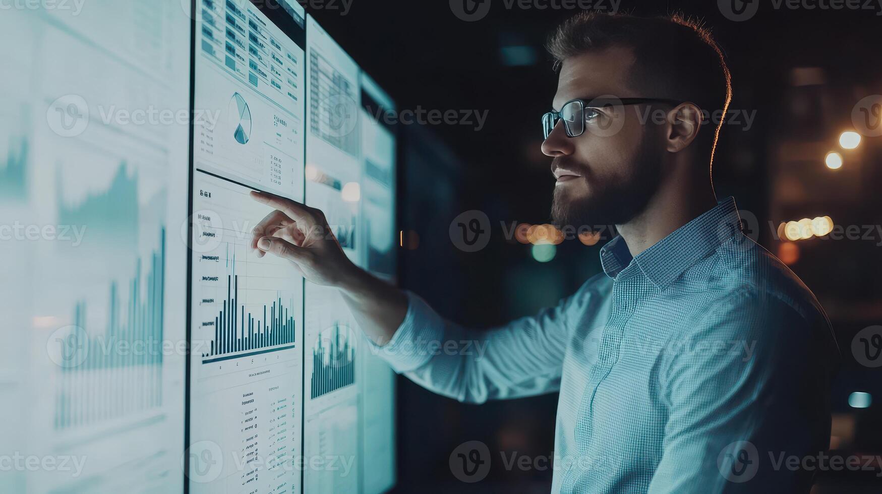 Analyst interacting with data visualizations on large screens in a modern office at night photo
