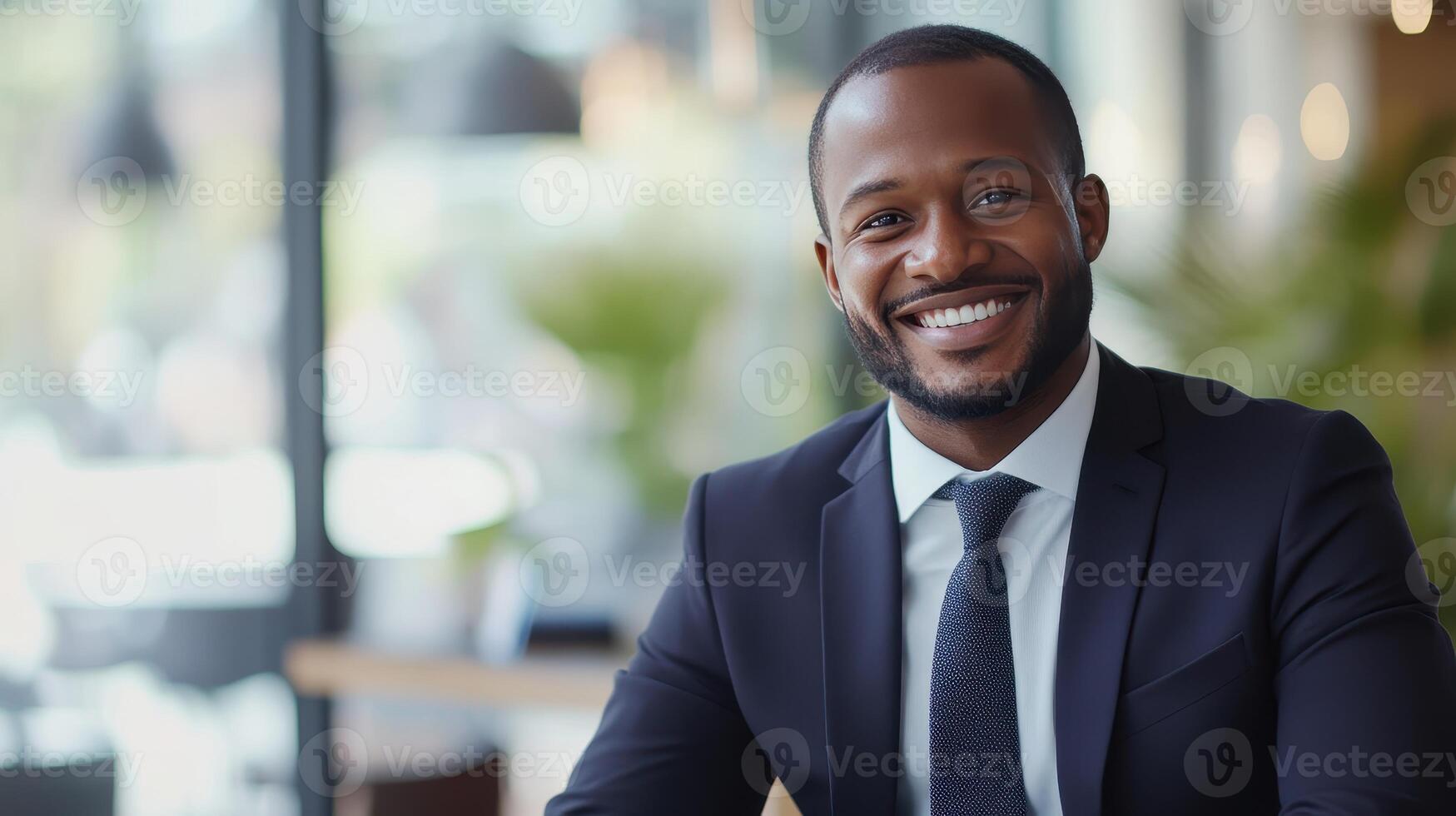 Professional man in a suit smiling at a modern office during daytime photo