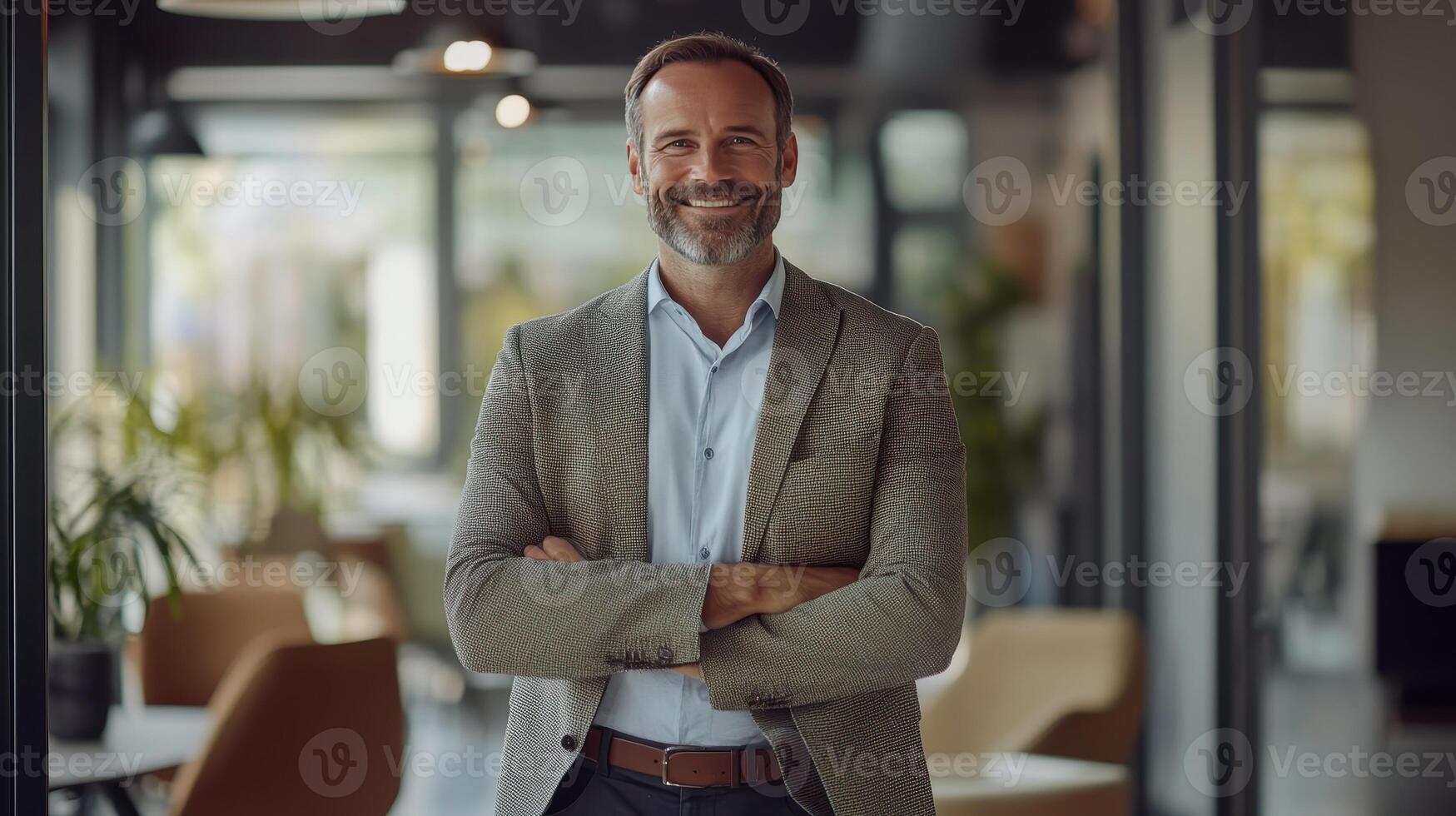Professional man in a modern office setting smiling with arms crossed during daylight hours photo