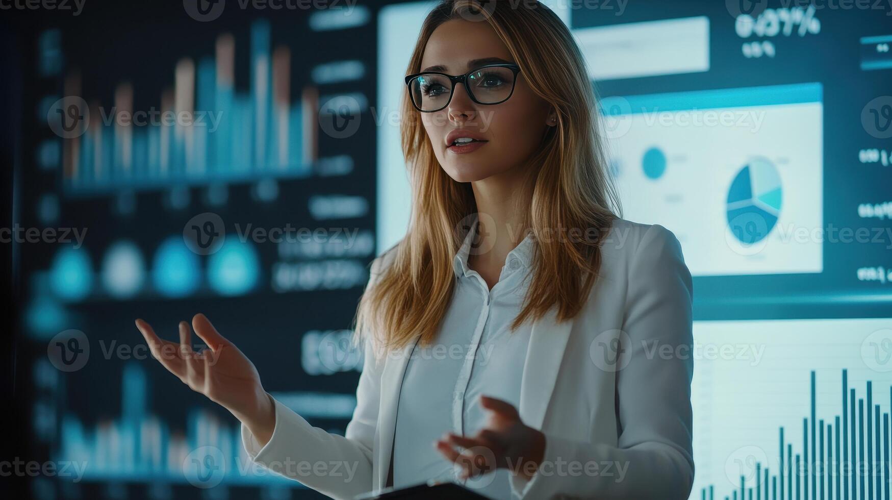 Business professional presents data analysis in a corporate setting with visual charts during a meeting in the afternoon photo