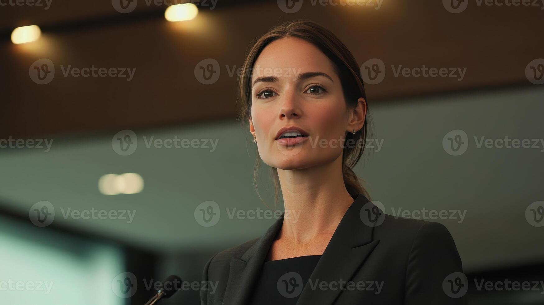 Professional woman delivering a speech at a conference in a modern auditorium during a daytime event photo