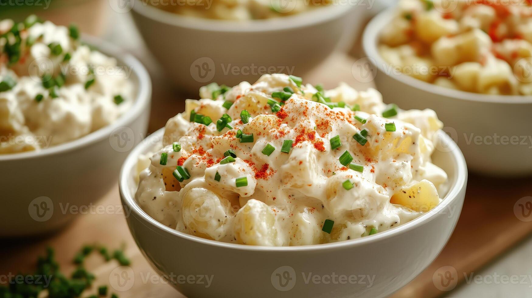 Creamy potato salad served in white bowls with fresh chives and paprika on a wooden serving board photo
