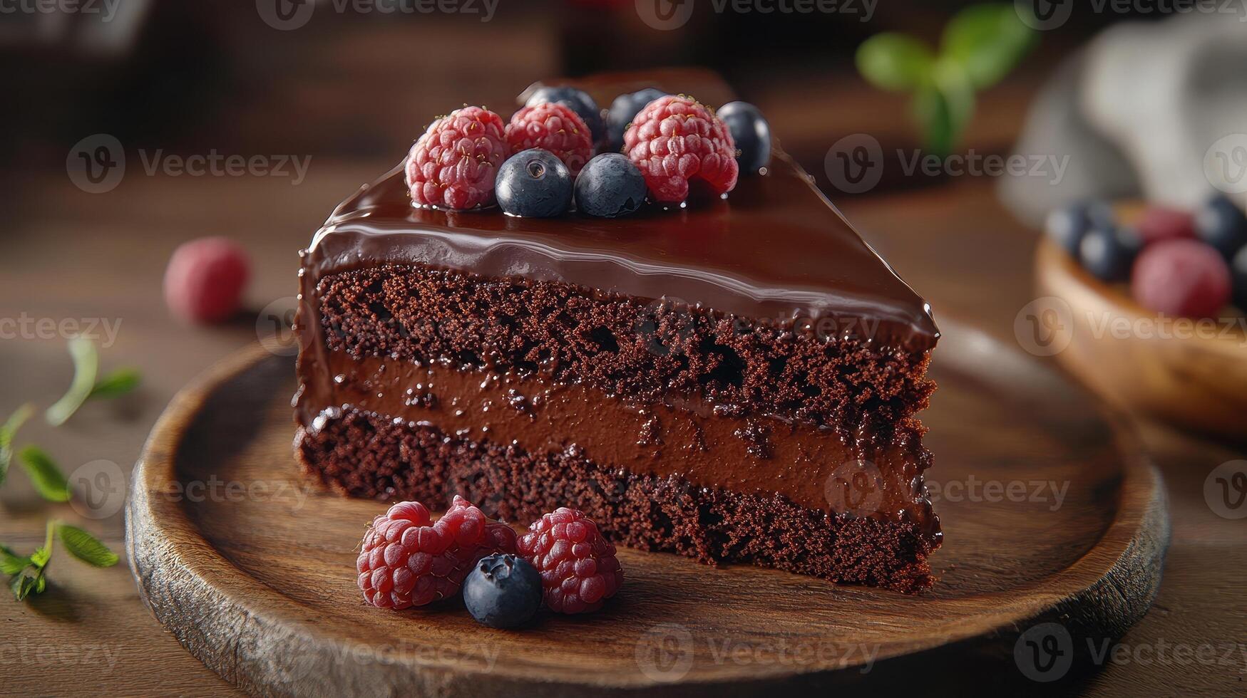 Chocolate cake slice topped with fresh berries served on a wooden plate in a cozy kitchen setting photo