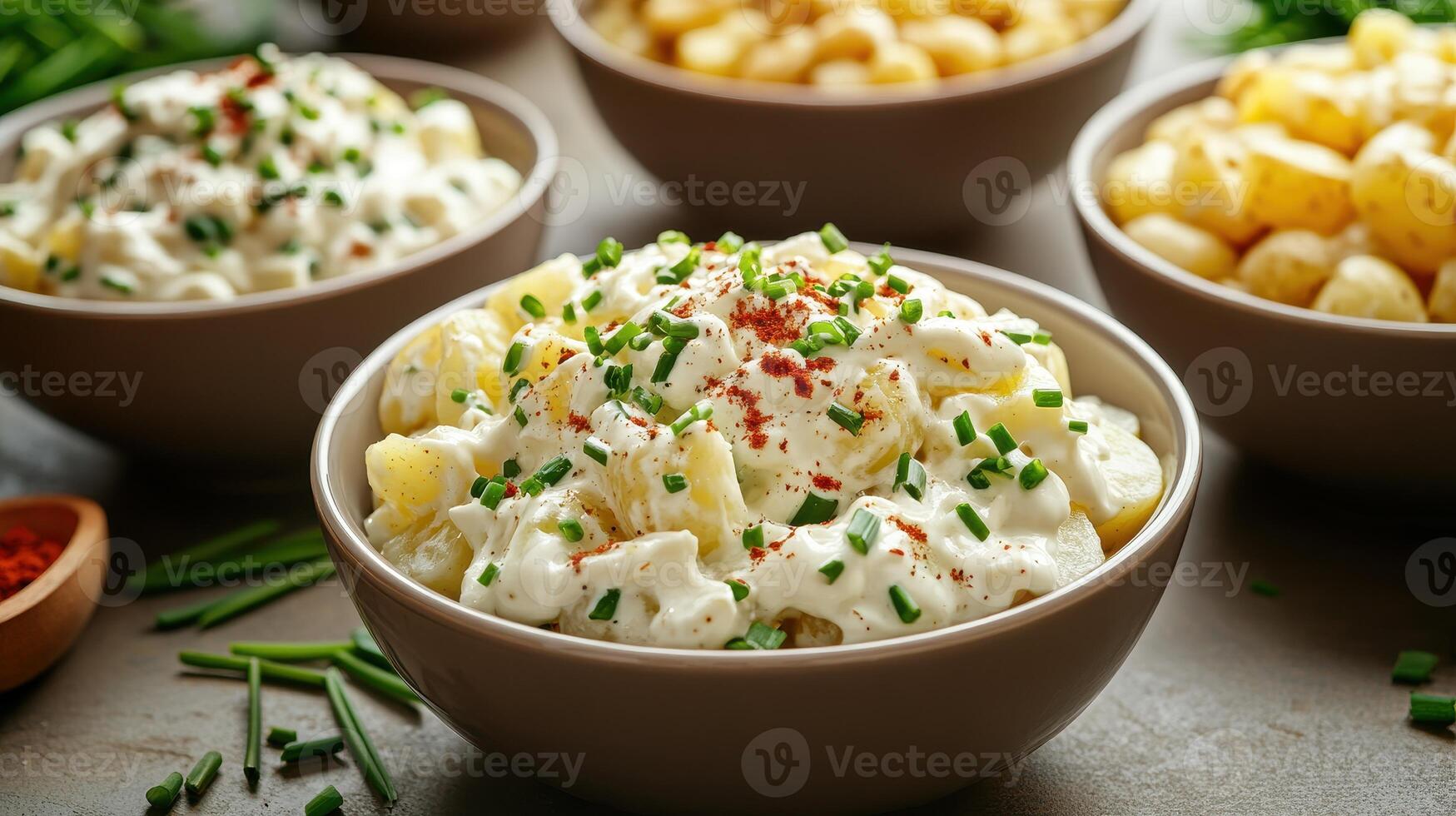 Creamy potato salad served in a bowl accompanied by boiled potatoes and garnished with chives and paprika photo