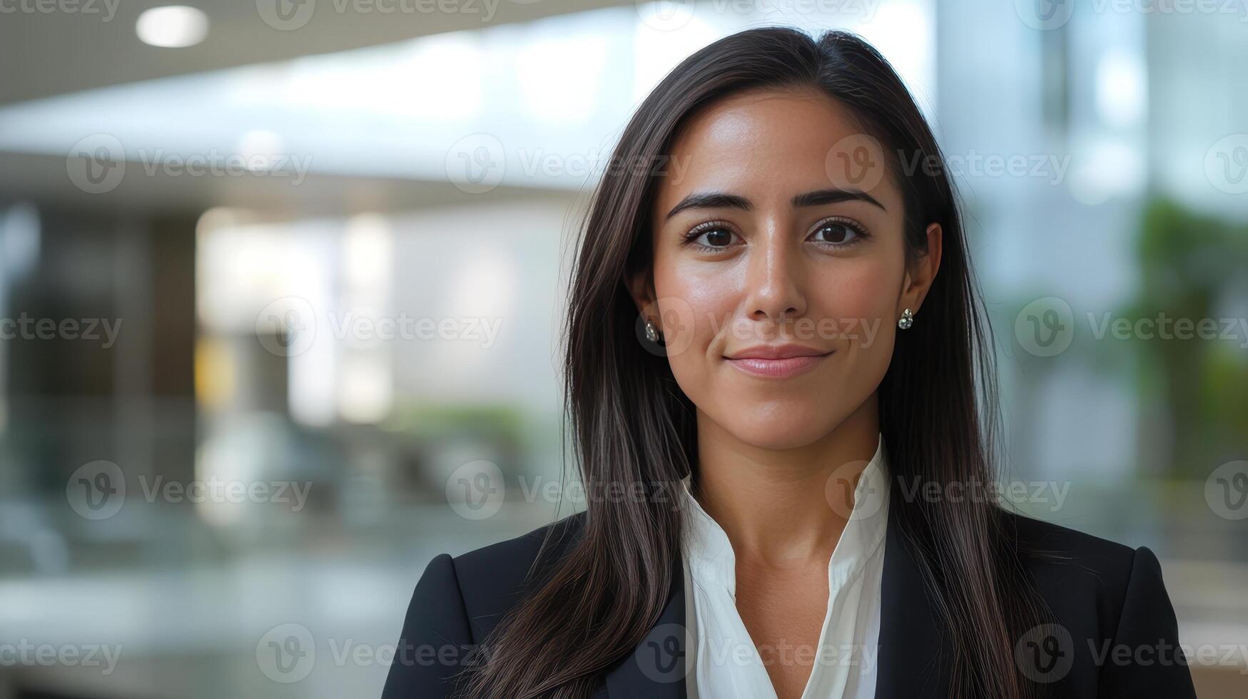 Professional woman in business attire smiling in a modern office setting with natural light during the day photo