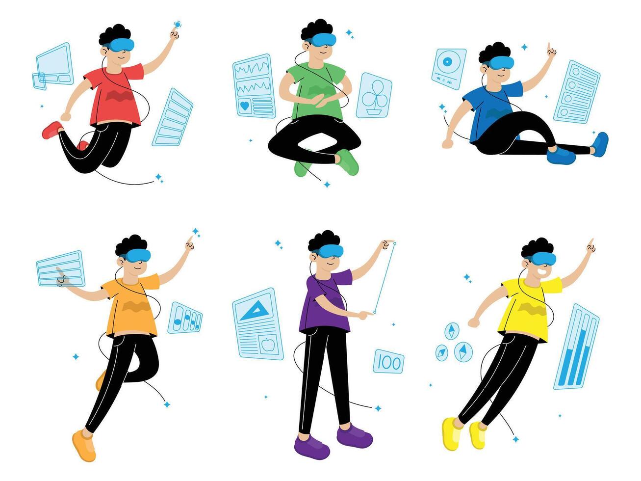 people using vr technology with various poses vector