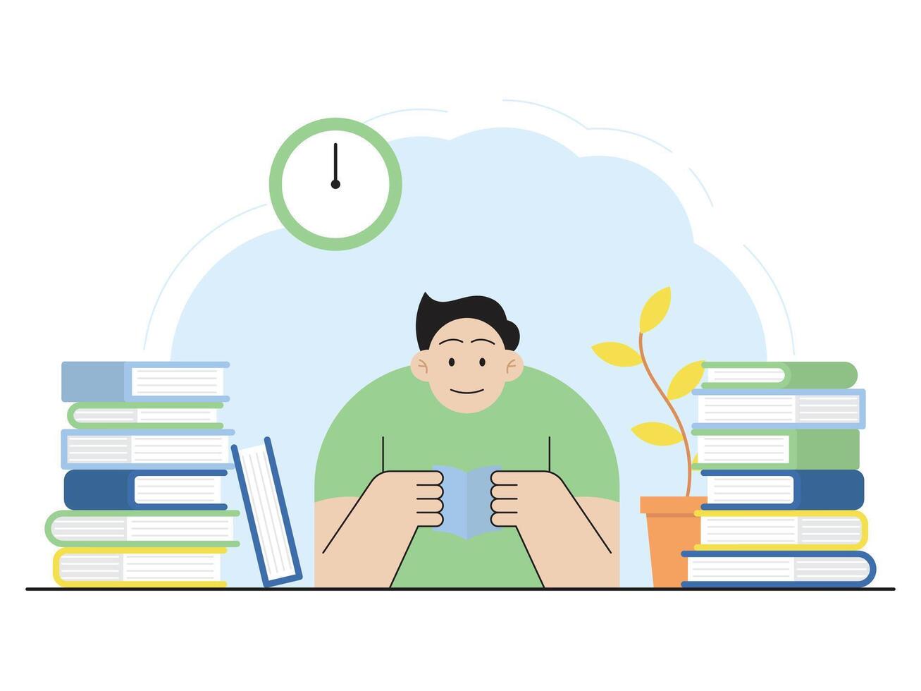 a person studying and reading with a pile of books beside him vector