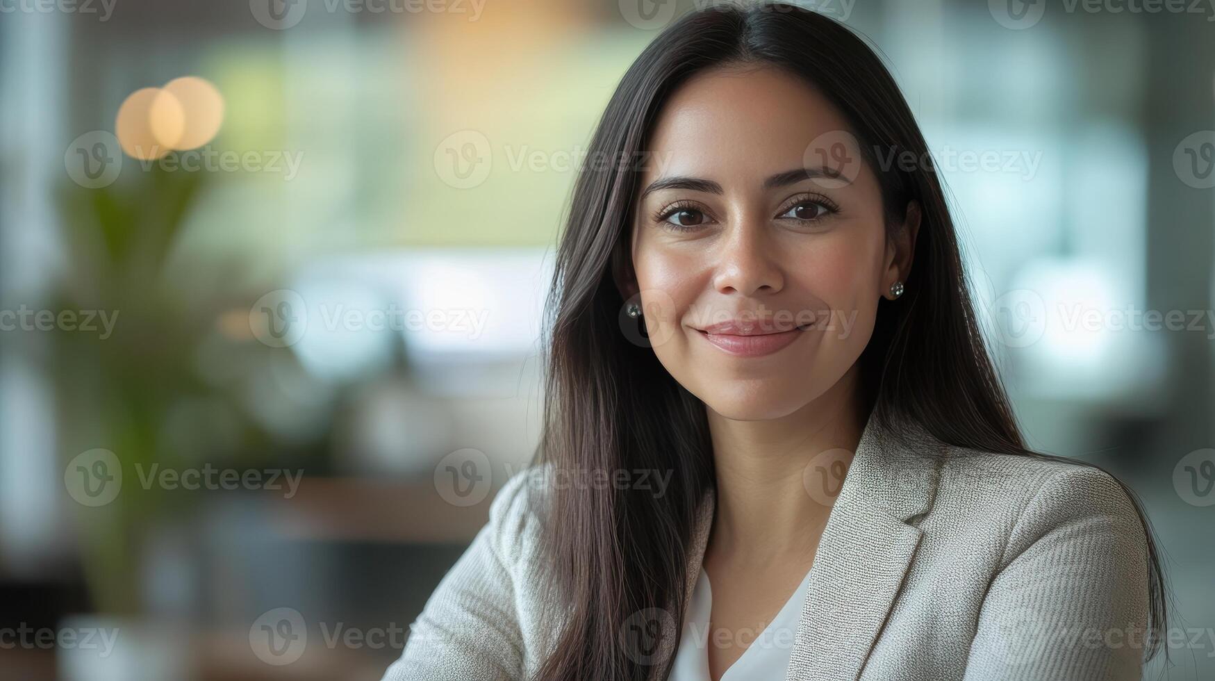 Confident woman in a light gray blazer smiling in a modern office during a bright afternoon photo