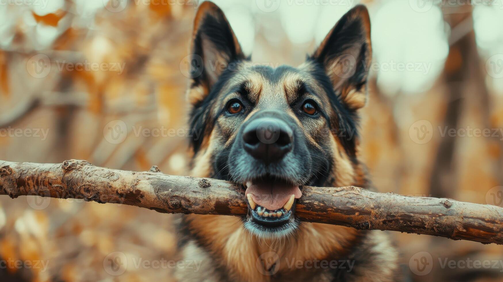 Happy dog holding a stick in its mouth, enjoying a playful moment in a forest during autumn photo